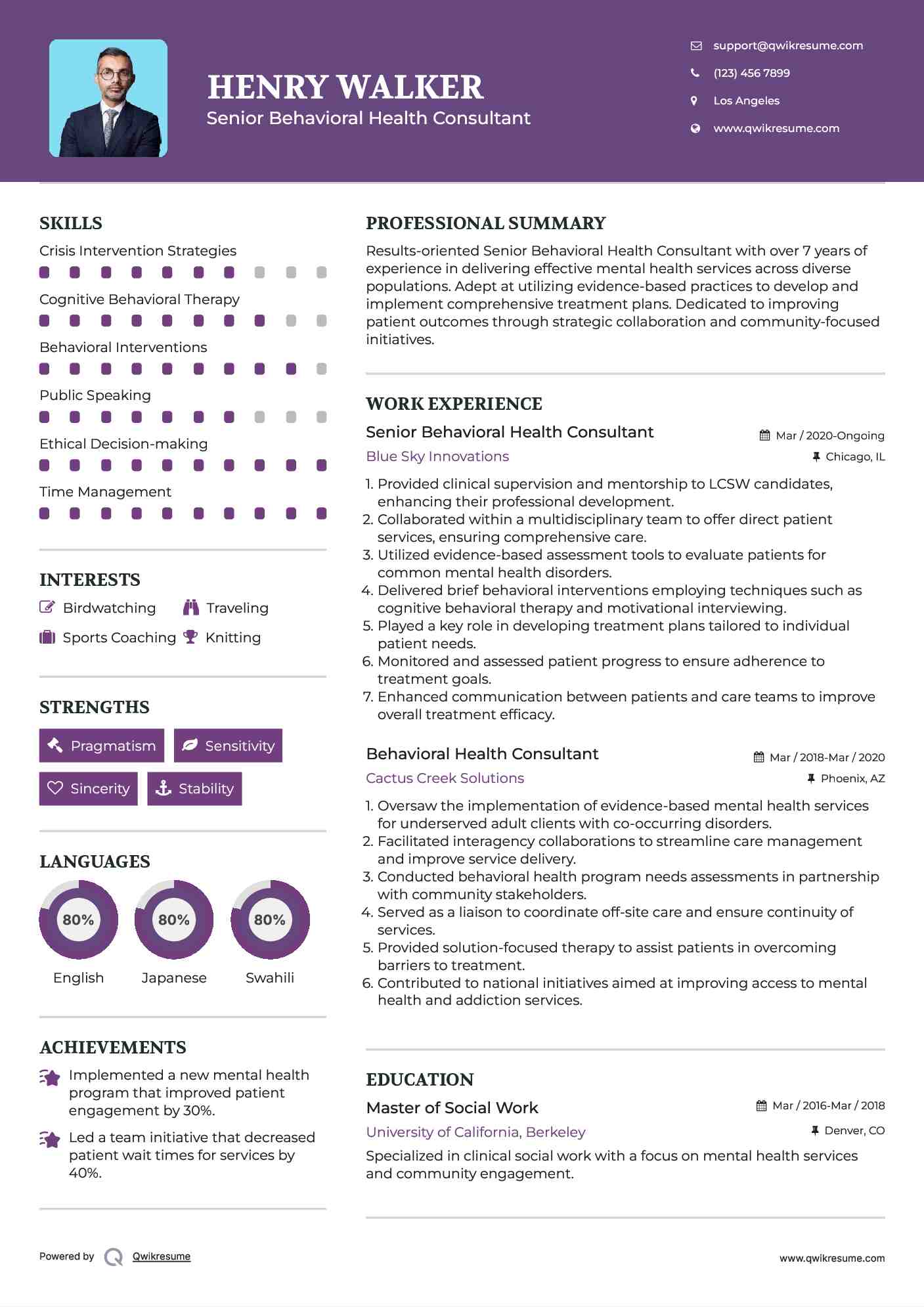 Senior Behavioral Health Consultant Resume Sample