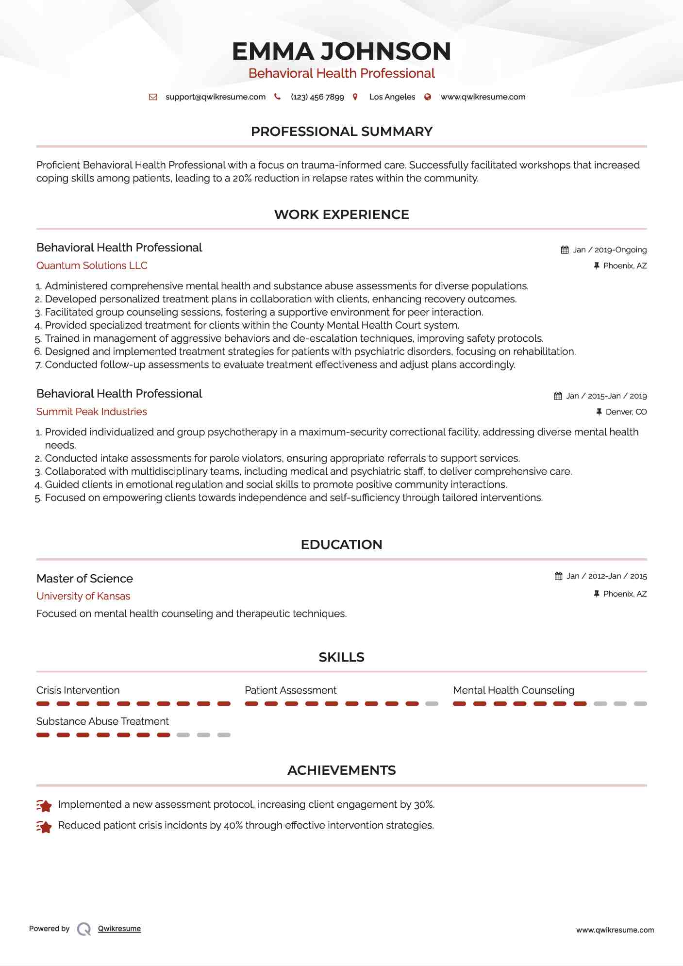 Behavioral Health Professional Resume Format