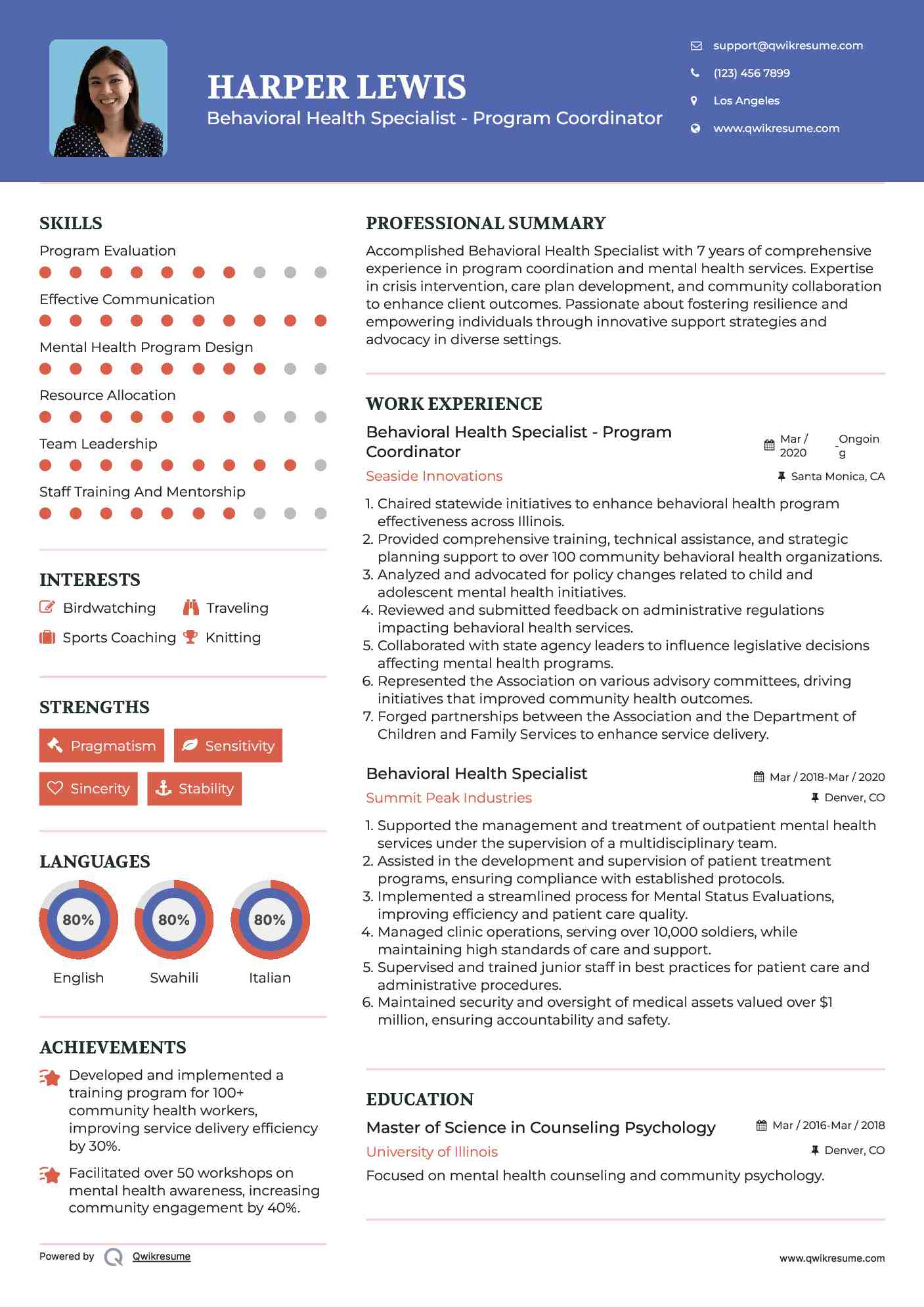 Behavioral Health Specialist Resume Samples | QwikResume