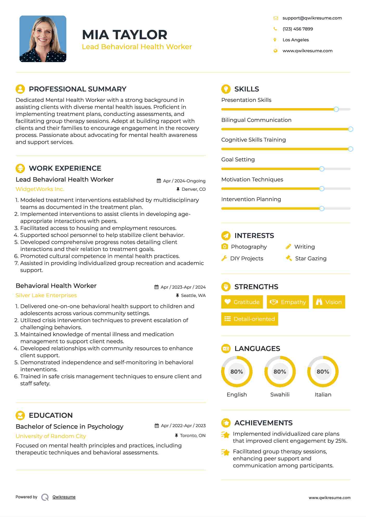 Lead Behavioral Health Worker Resume Example