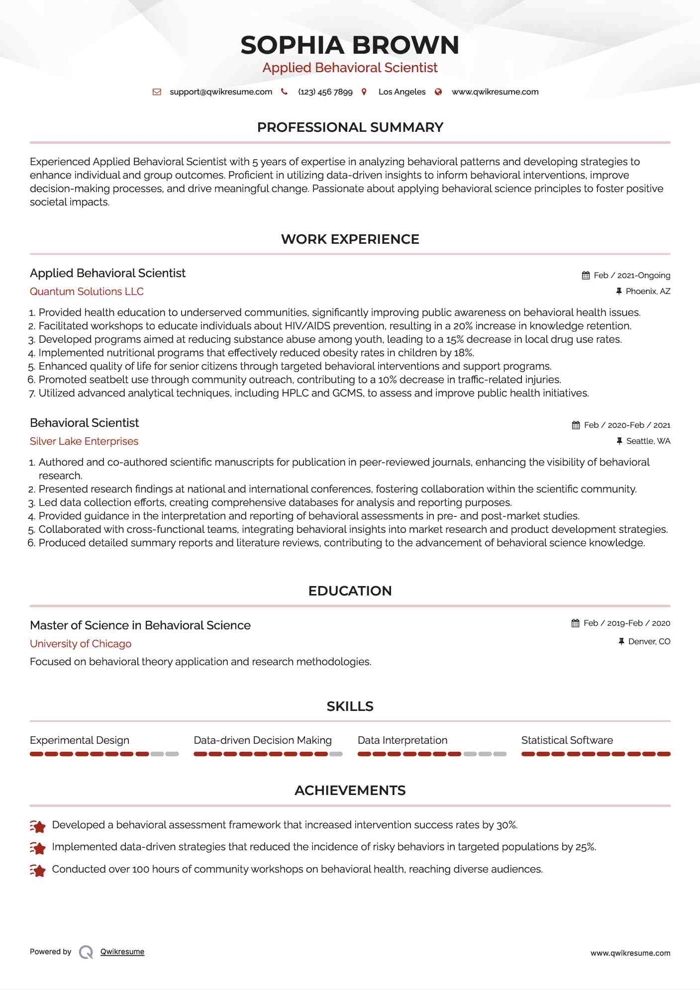 Applied Behavioral Scientist
 Resume Sample