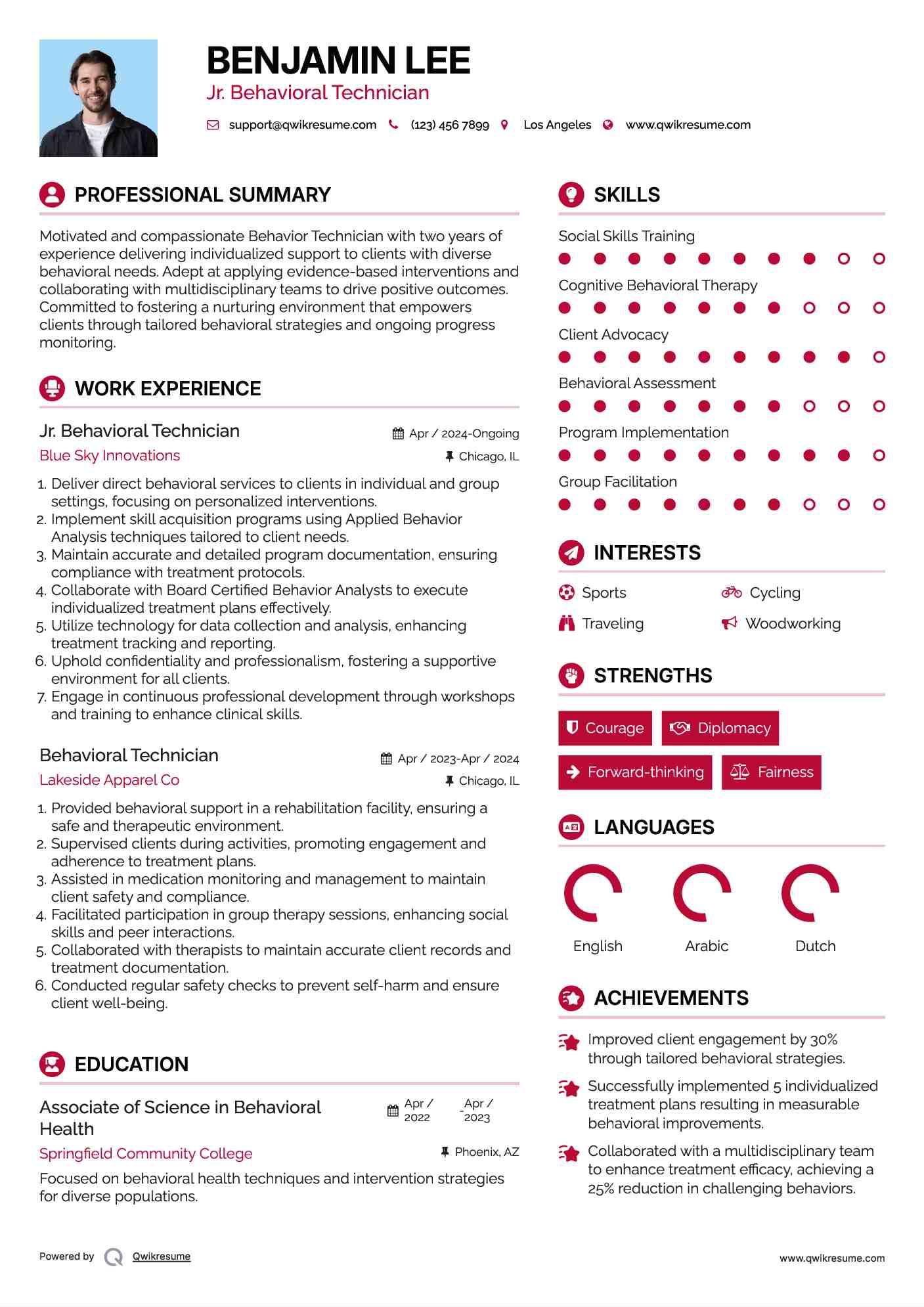 Jr. Behavioral Technician Resume Example
