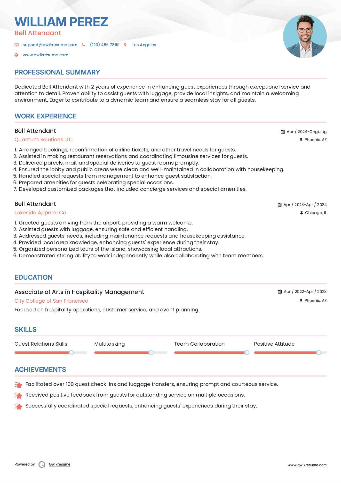 Bell Attendant Resume Example