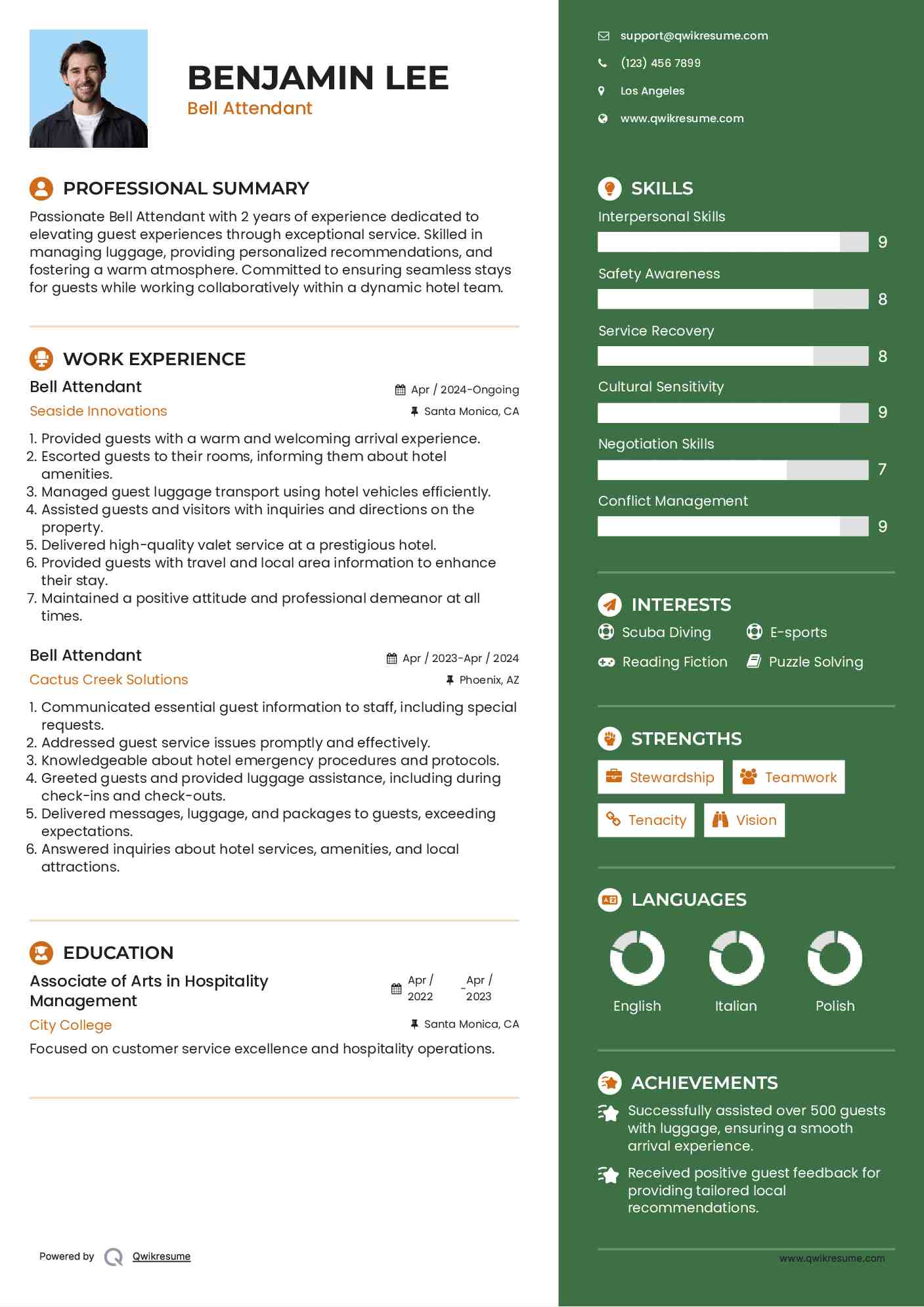Bell Attendant Resume Example