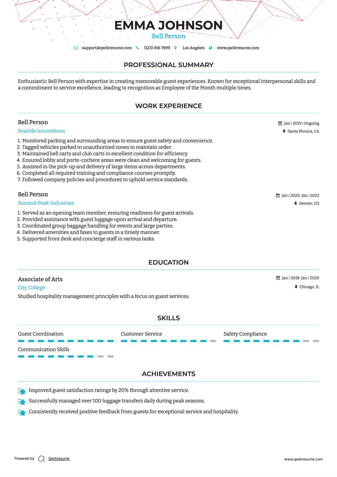 Bell Person Resume Model