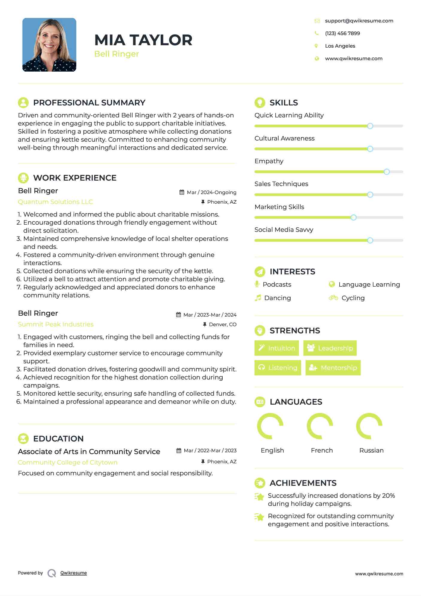 Bell Ringer Resume Model