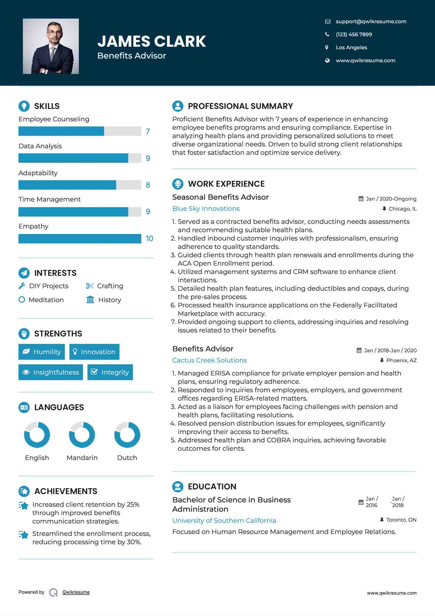 Seasonal Benefits Advisor Resume Example