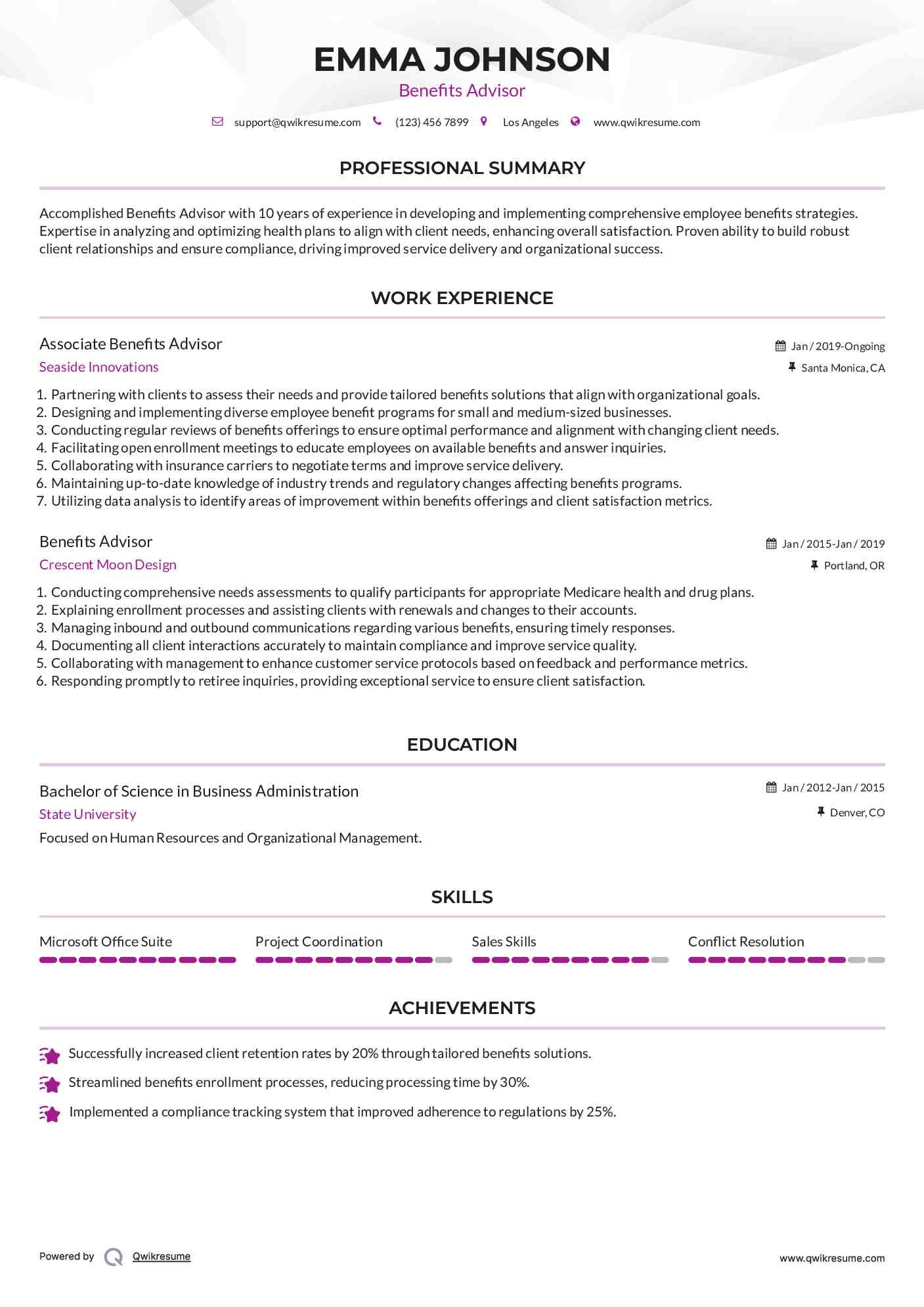 Associate Benefits Advisor Resume Model