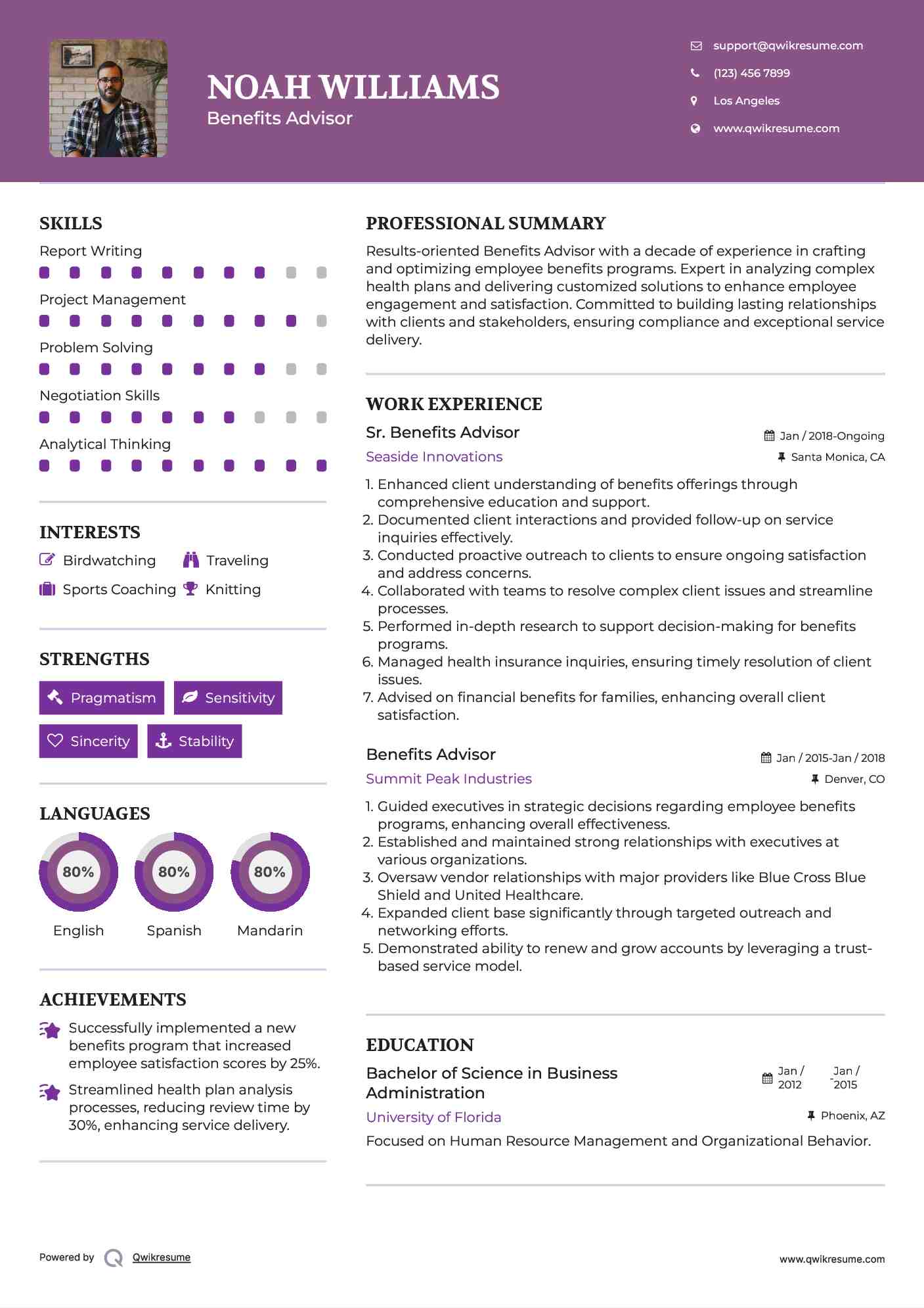 Sr. Benefits Advisor Resume Sample