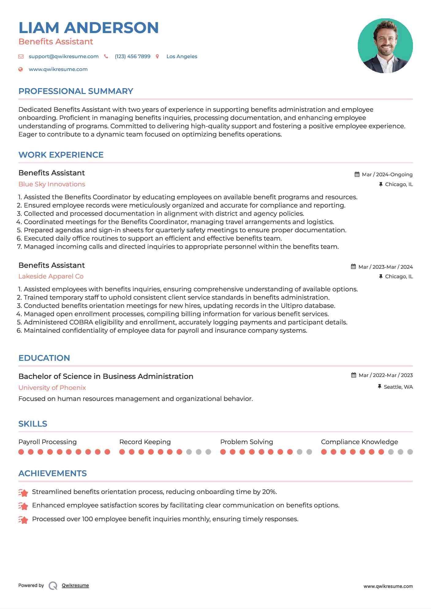 Benefits Assistant Resume Model
