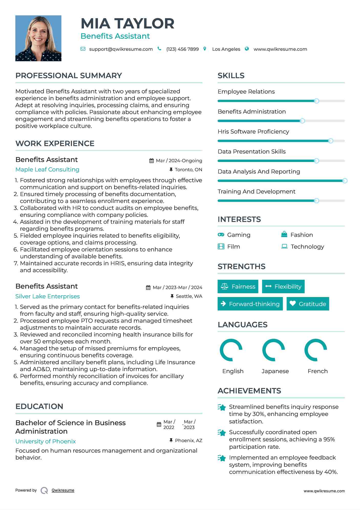 Benefits Assistant Resume Sample