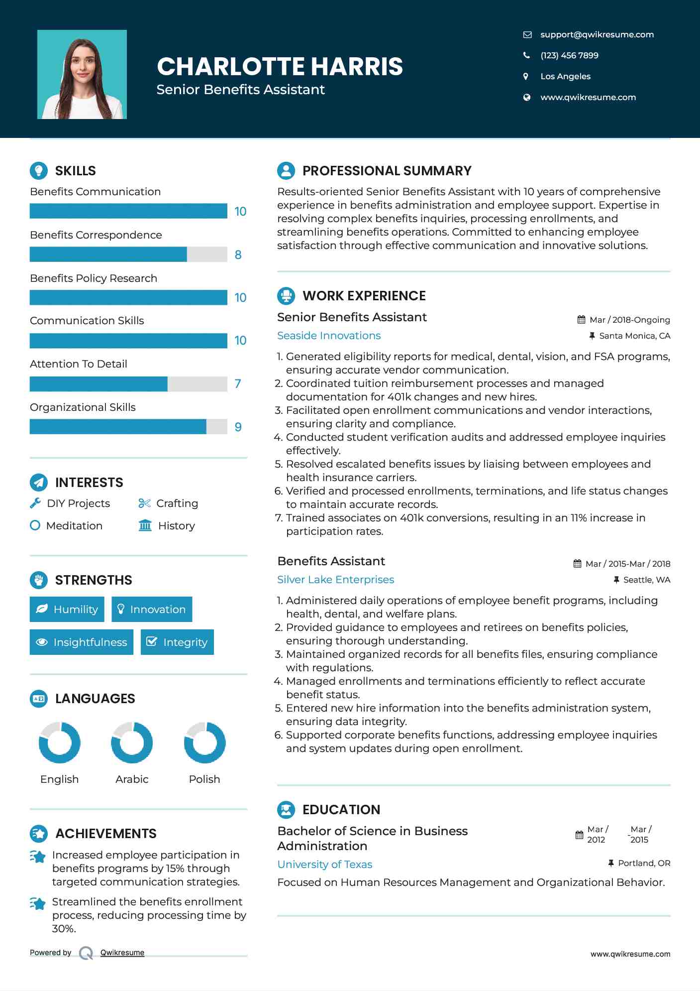 Senior Benefits Assistant Resume Template