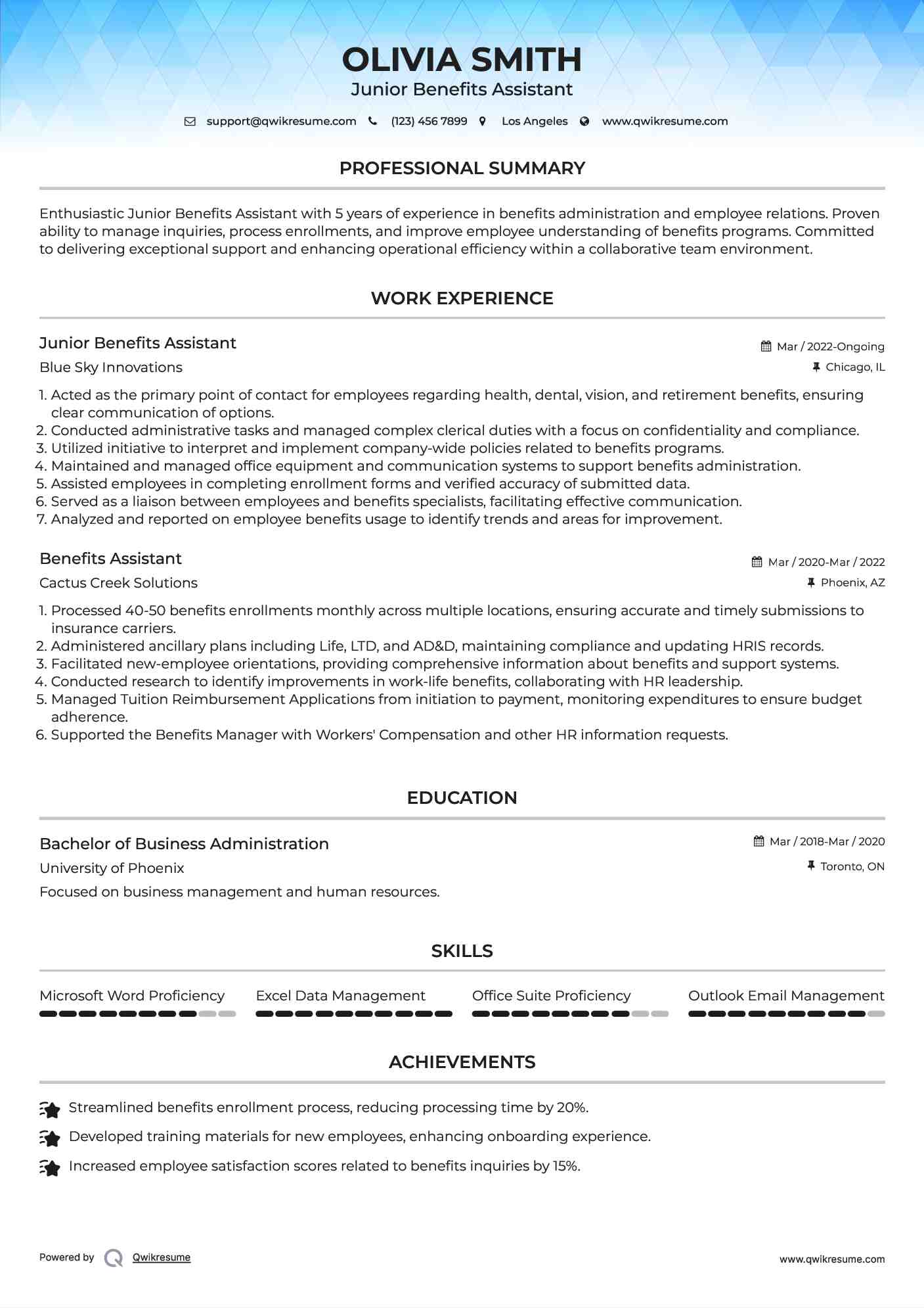 Junior Benefits Assistant Resume Example