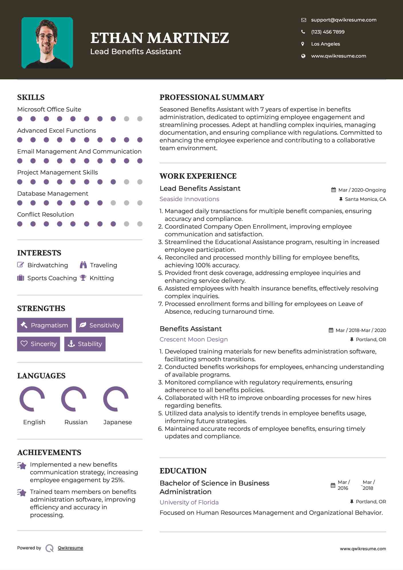 Lead Benefits Assistant Resume Format