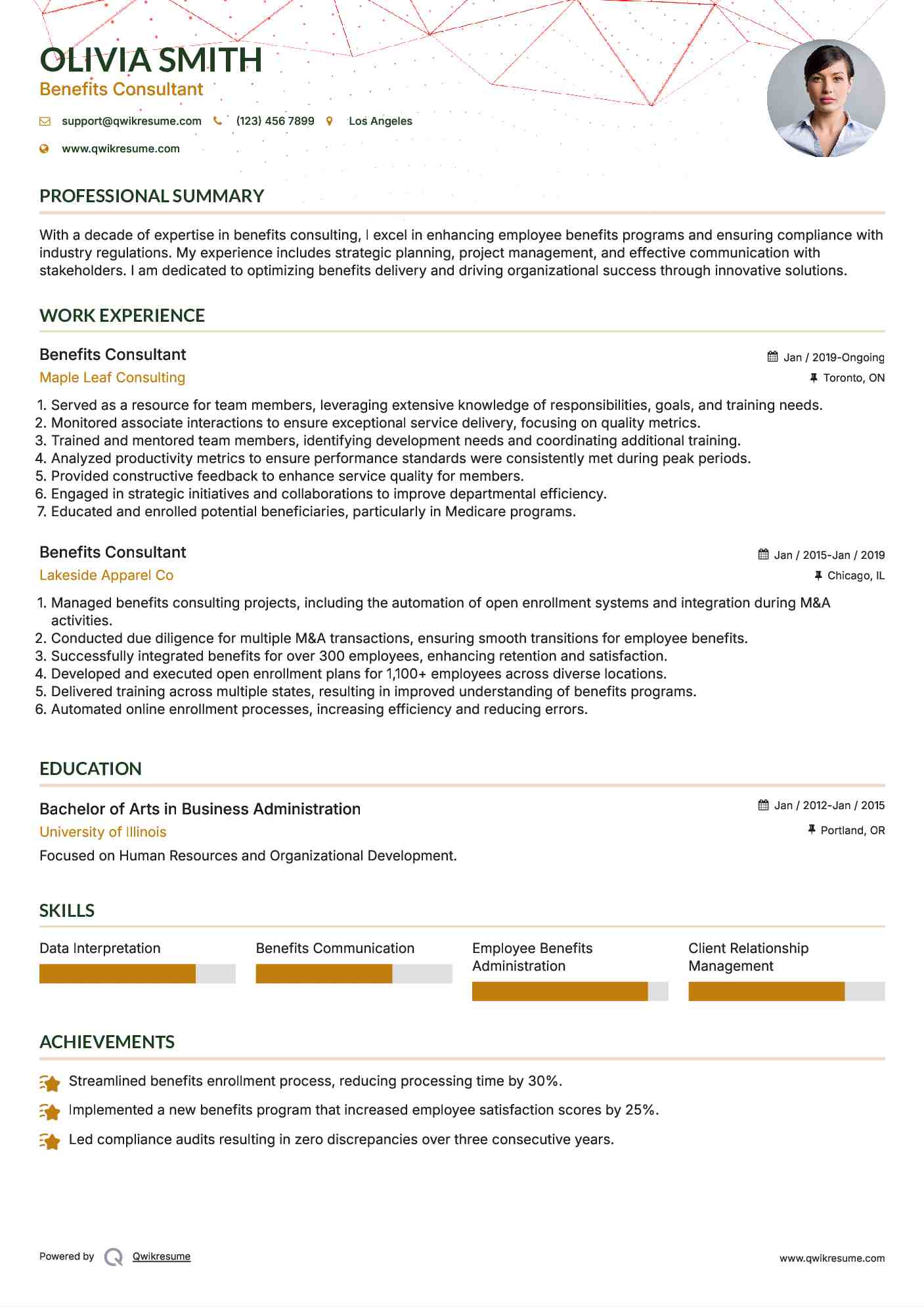 Benefits Consultant Resume Example