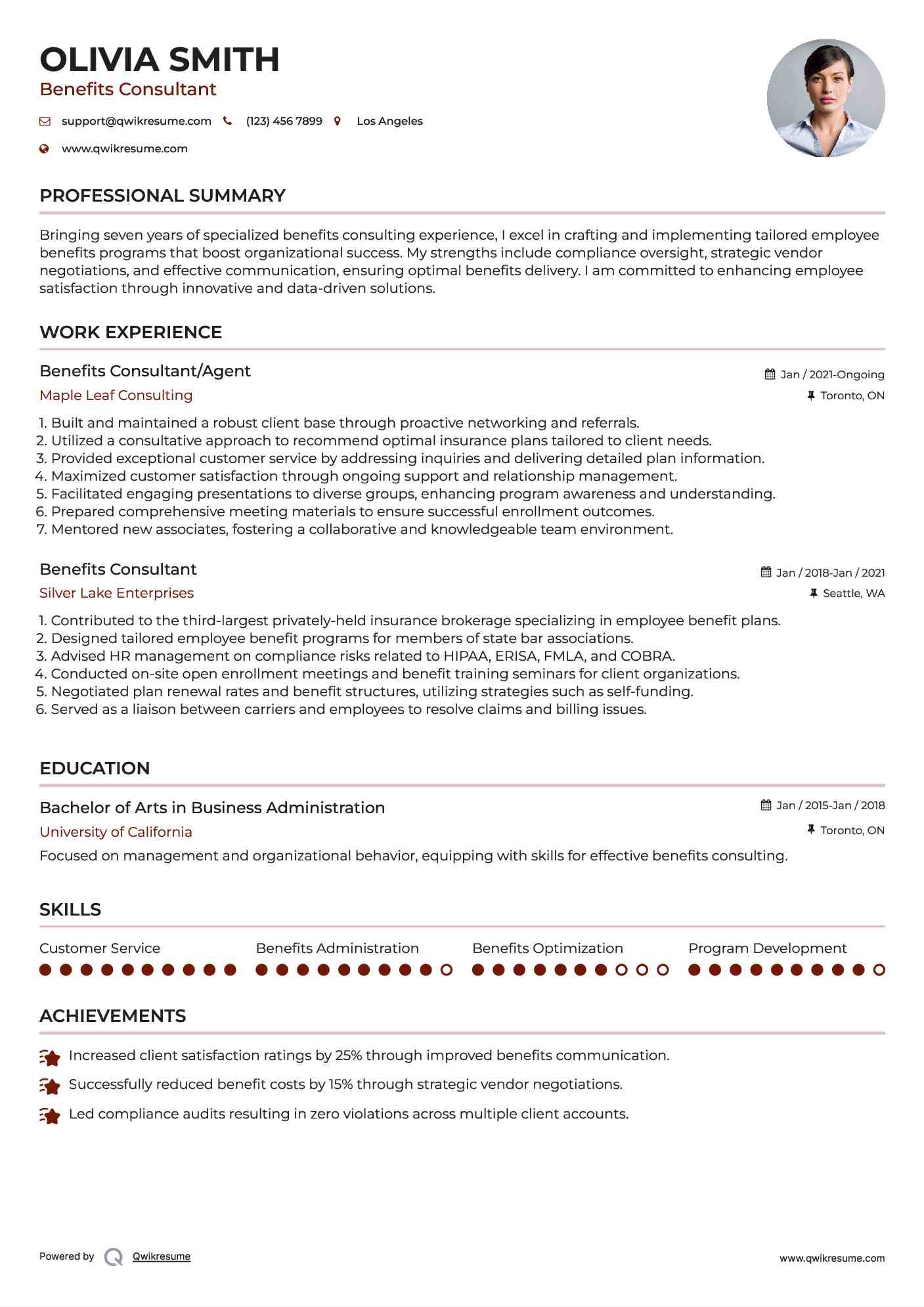 Benefits Consultant/Agent Resume Model