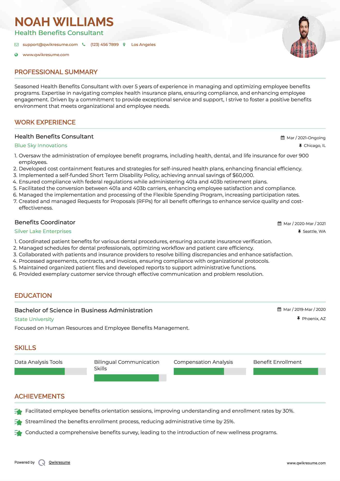Health Benefits Consultant Resume Example