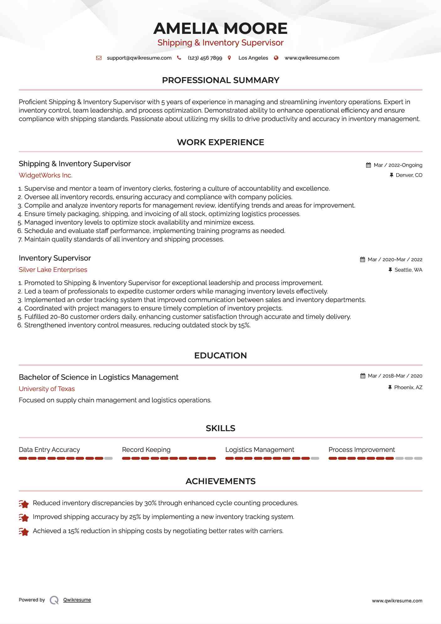 Shipping & Inventory Supervisor Resume Format
