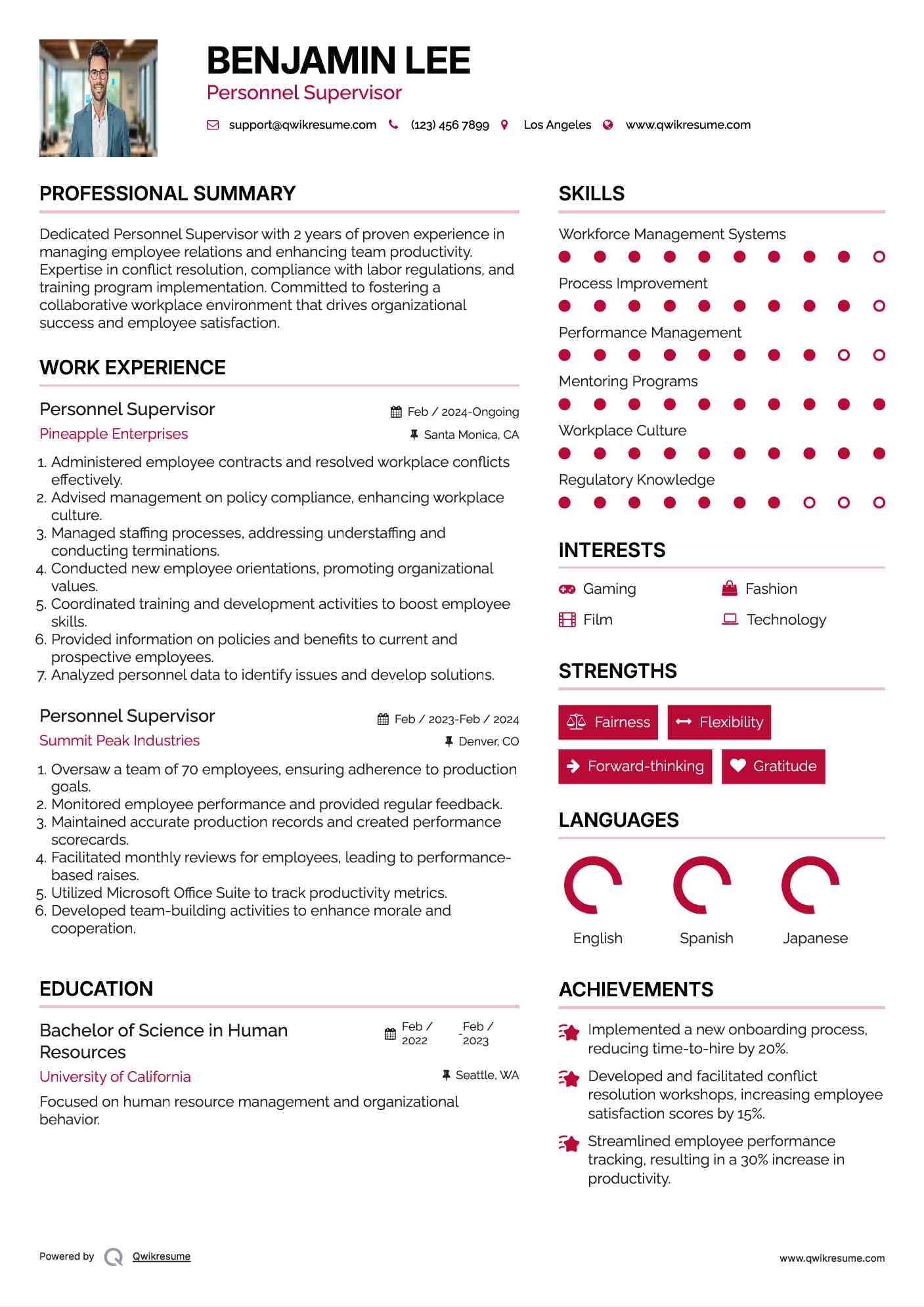 Personnel Supervisor Resume Sample