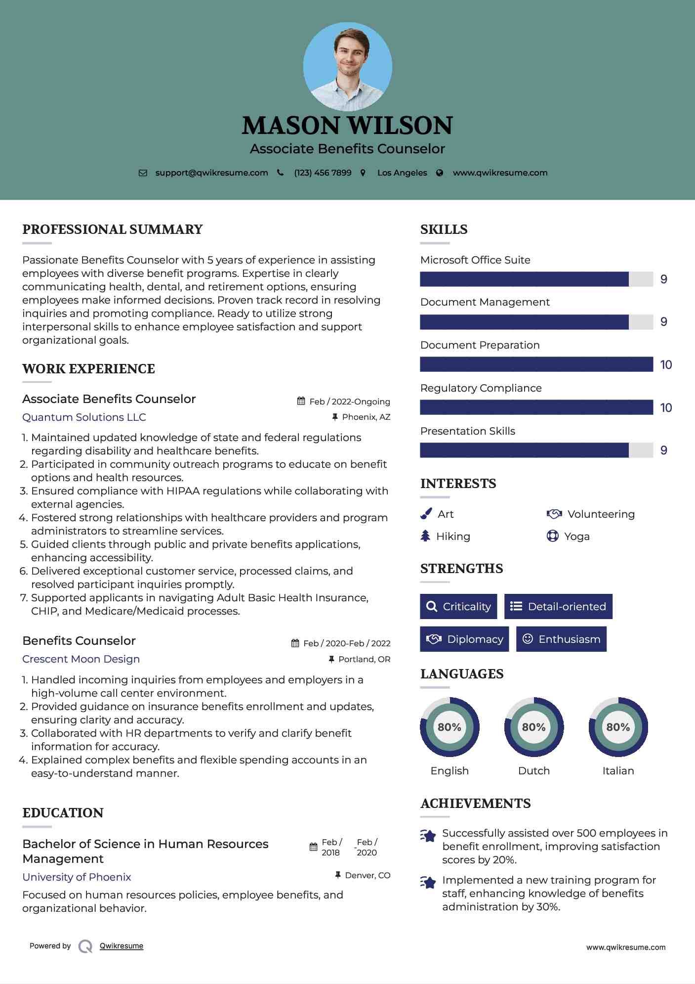 Associate Benefits Counselor  Resume Sample