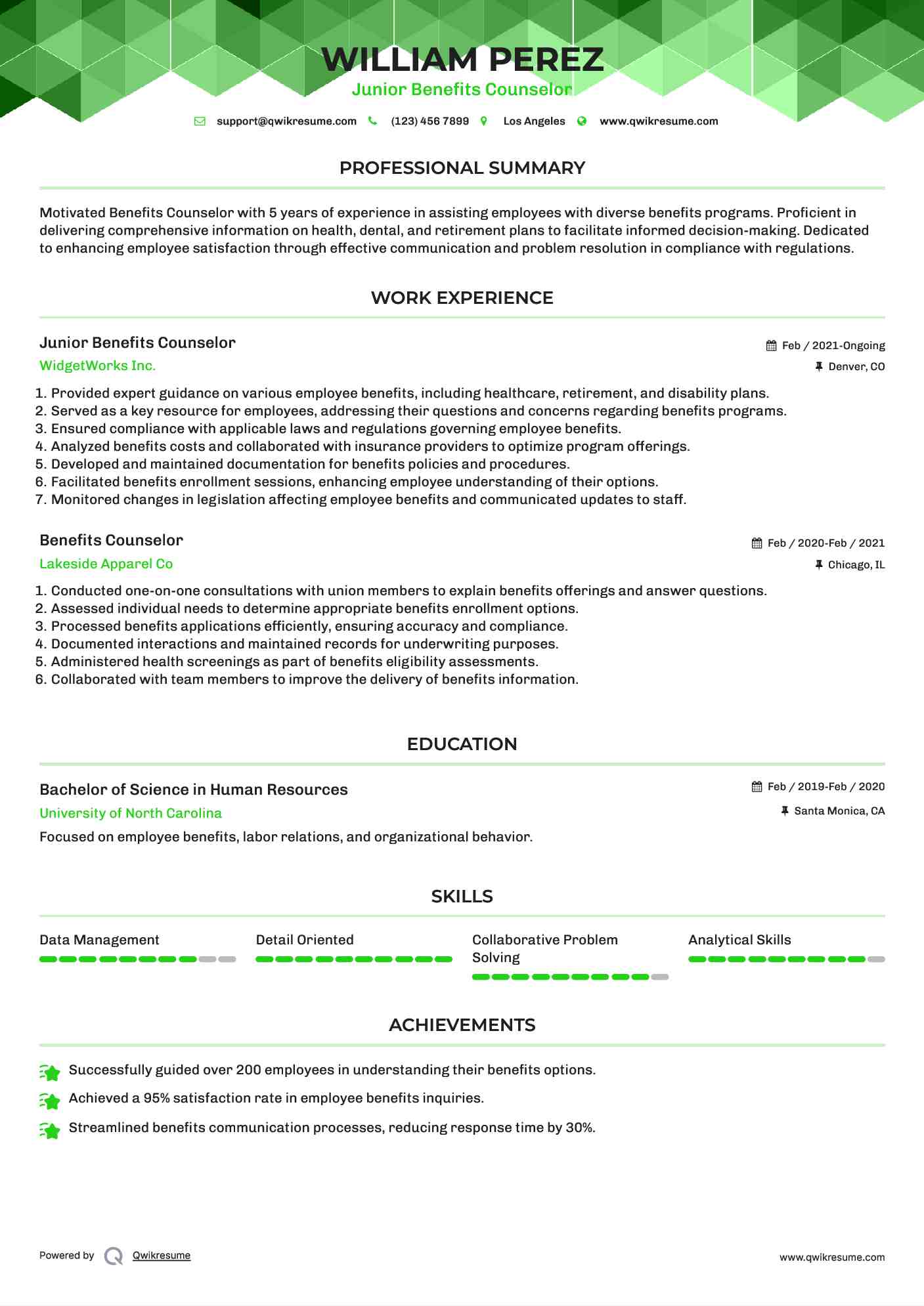 Junior Benefits Counselor  Resume Template