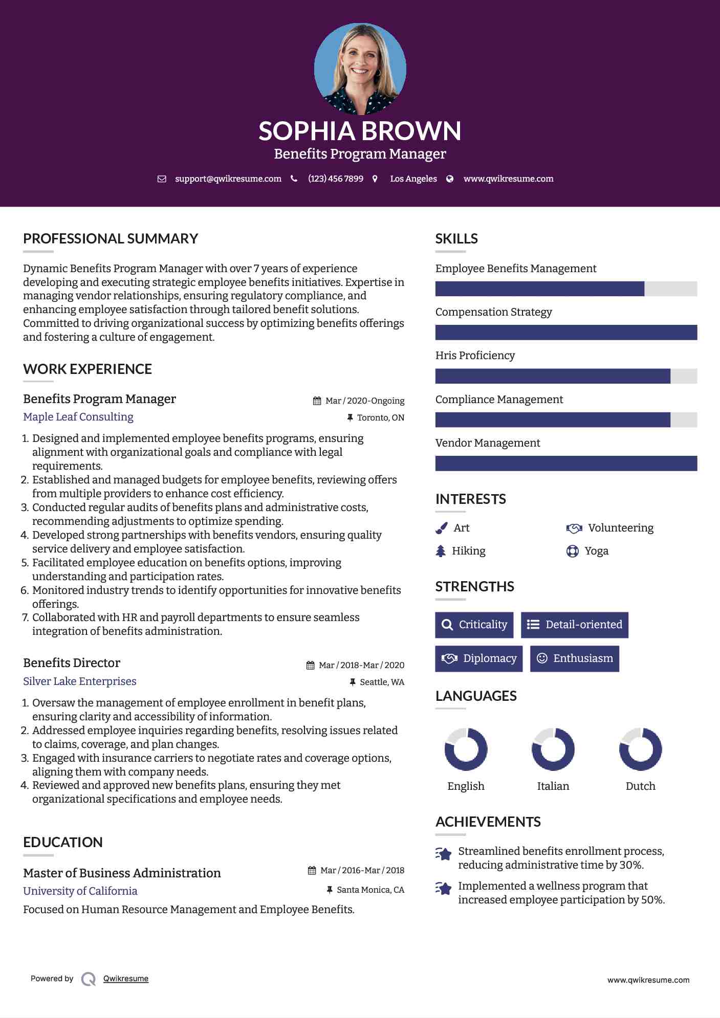Benefits Program Manager Resume Model