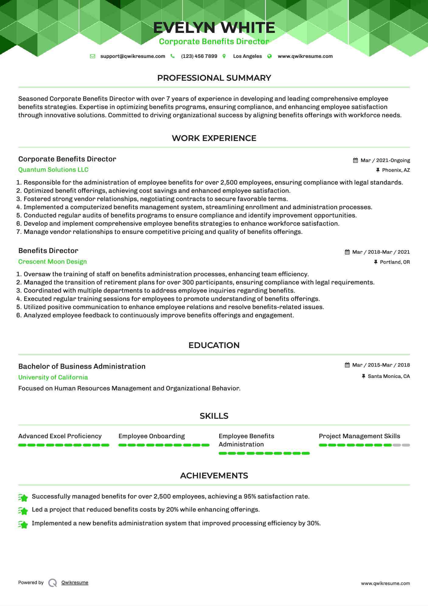 Corporate Benefits Director Resume Example