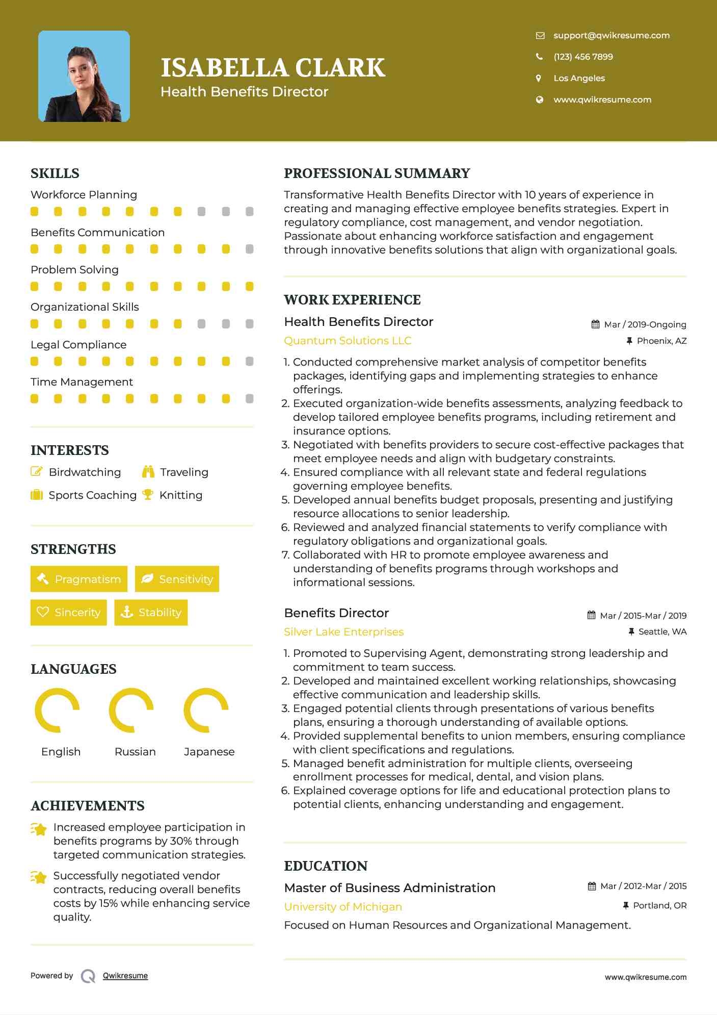 Health Benefits Director Resume Model