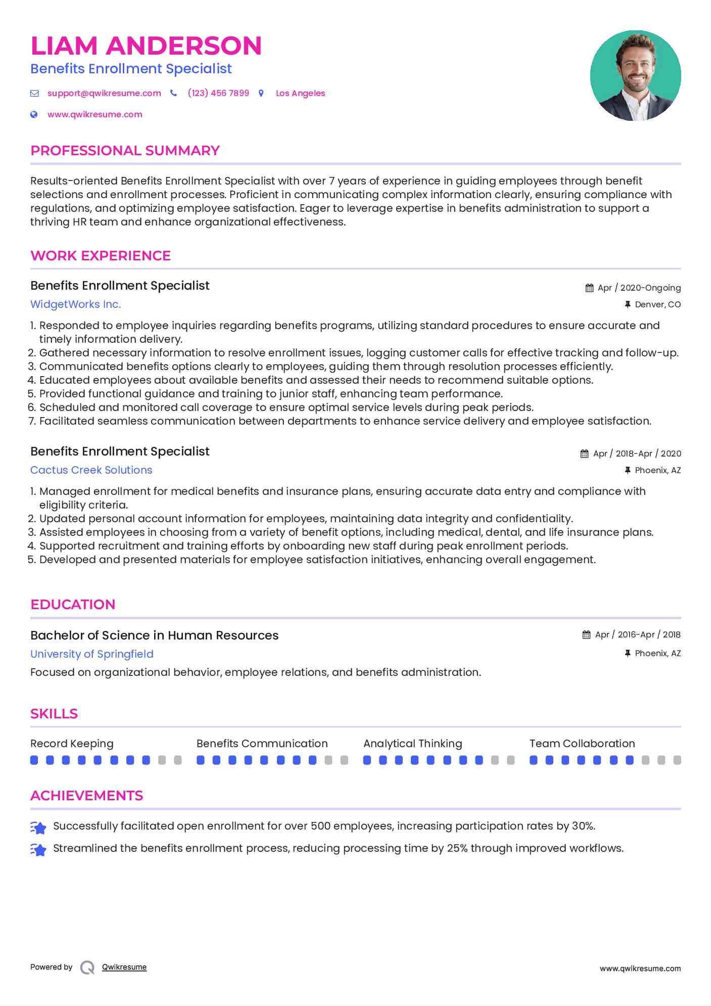 Benefits Enrollment Specialist Resume Example