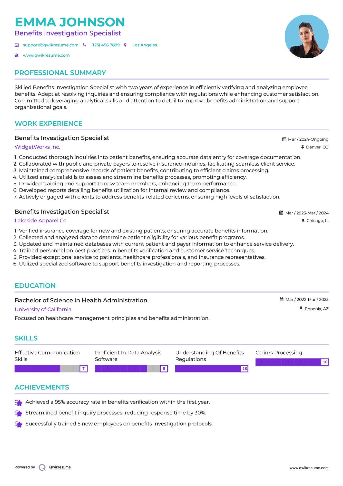 Benefits Investigation Specialist Resume Sample