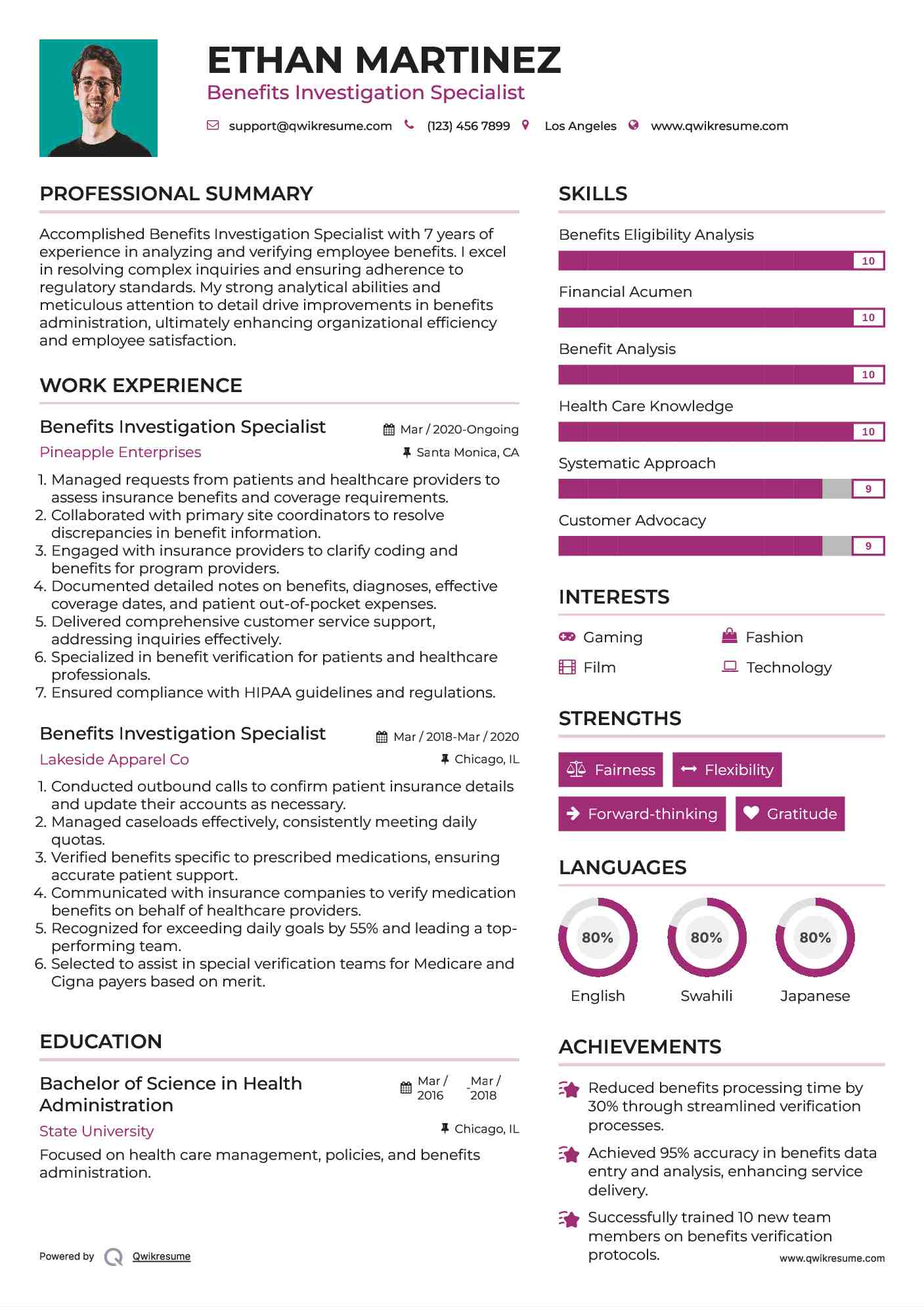Benefits Investigation Specialist Resume Format