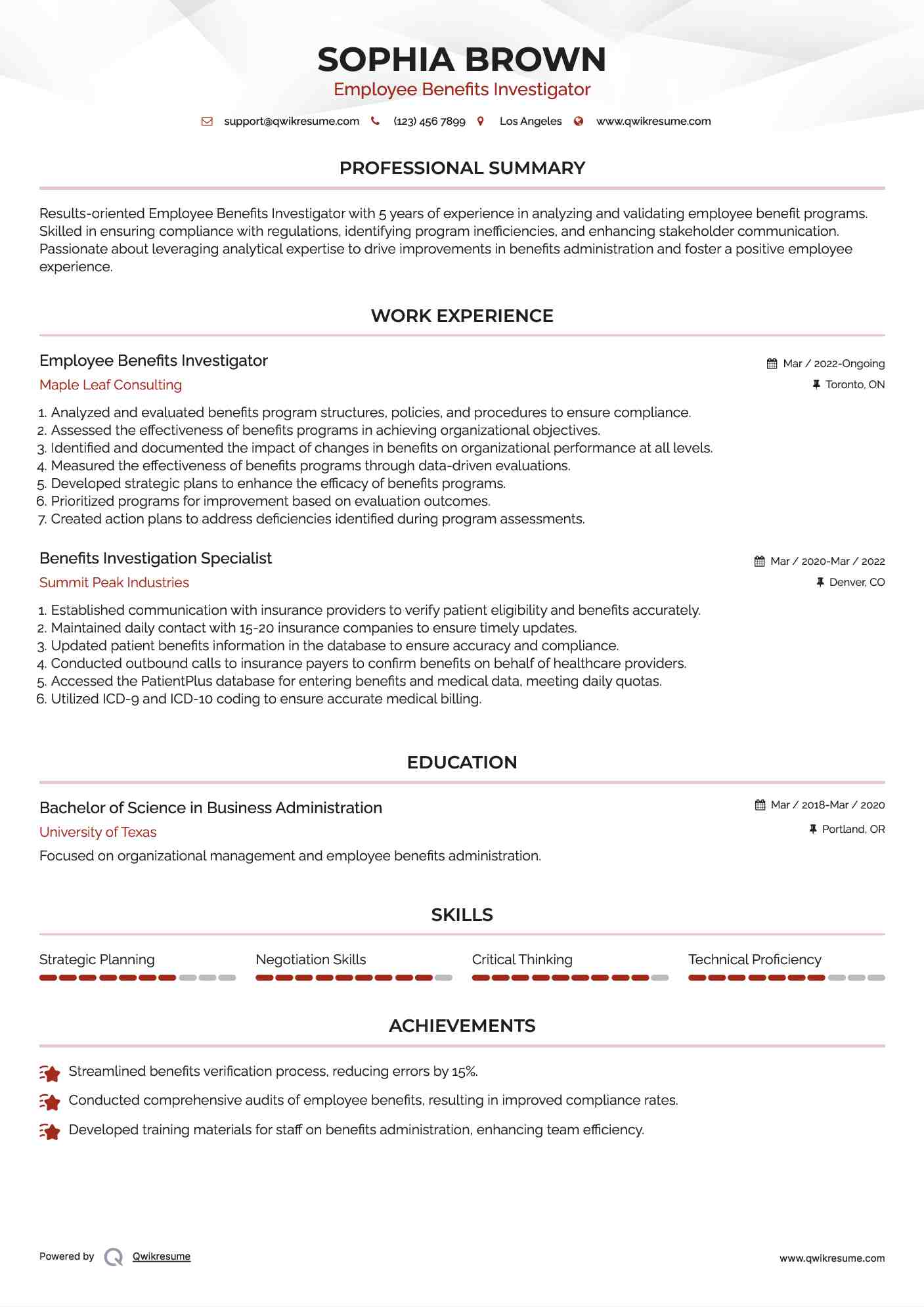 Employee Benefits Investigator Resume Template
