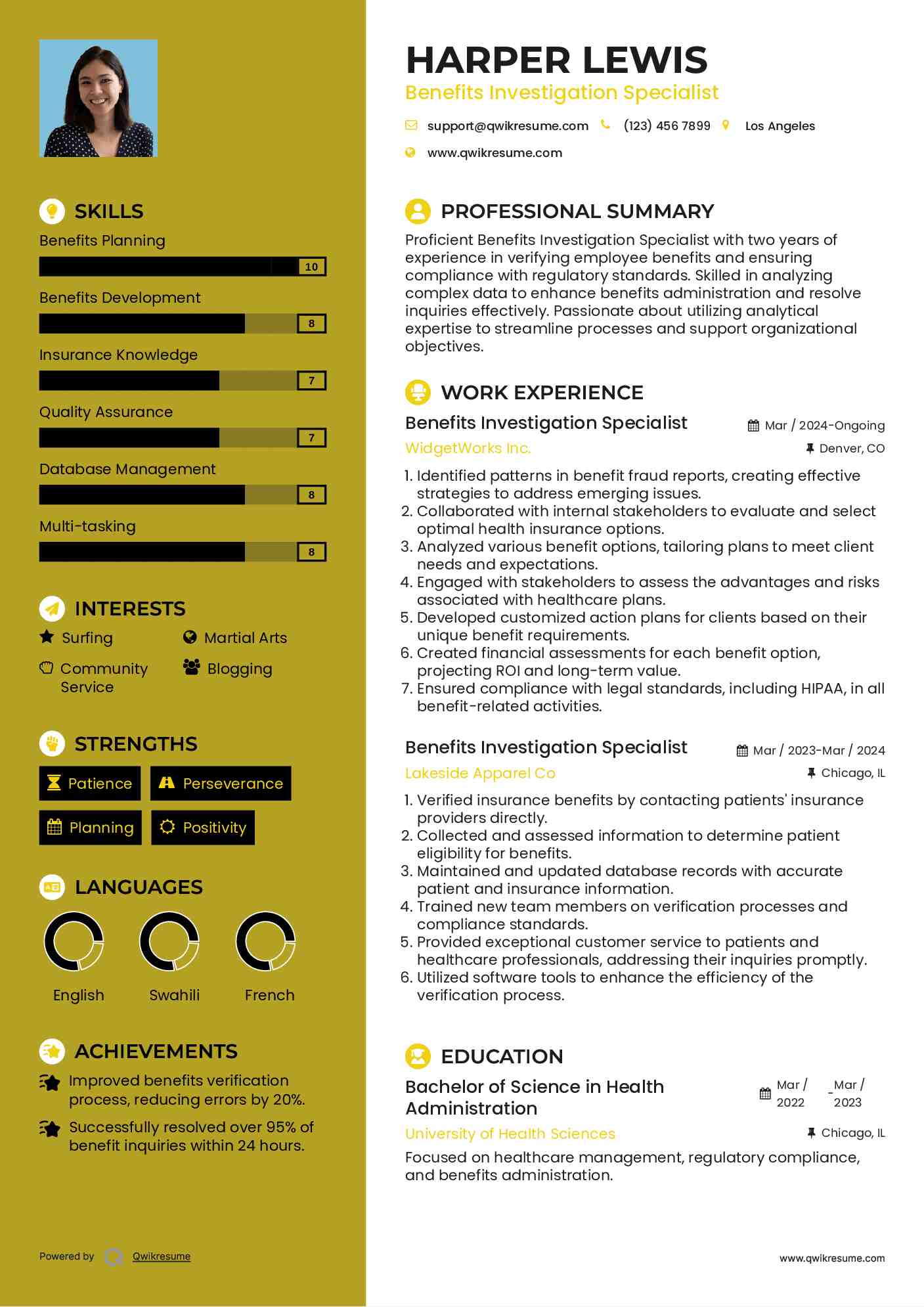 Benefits Investigation Specialist Resume Format