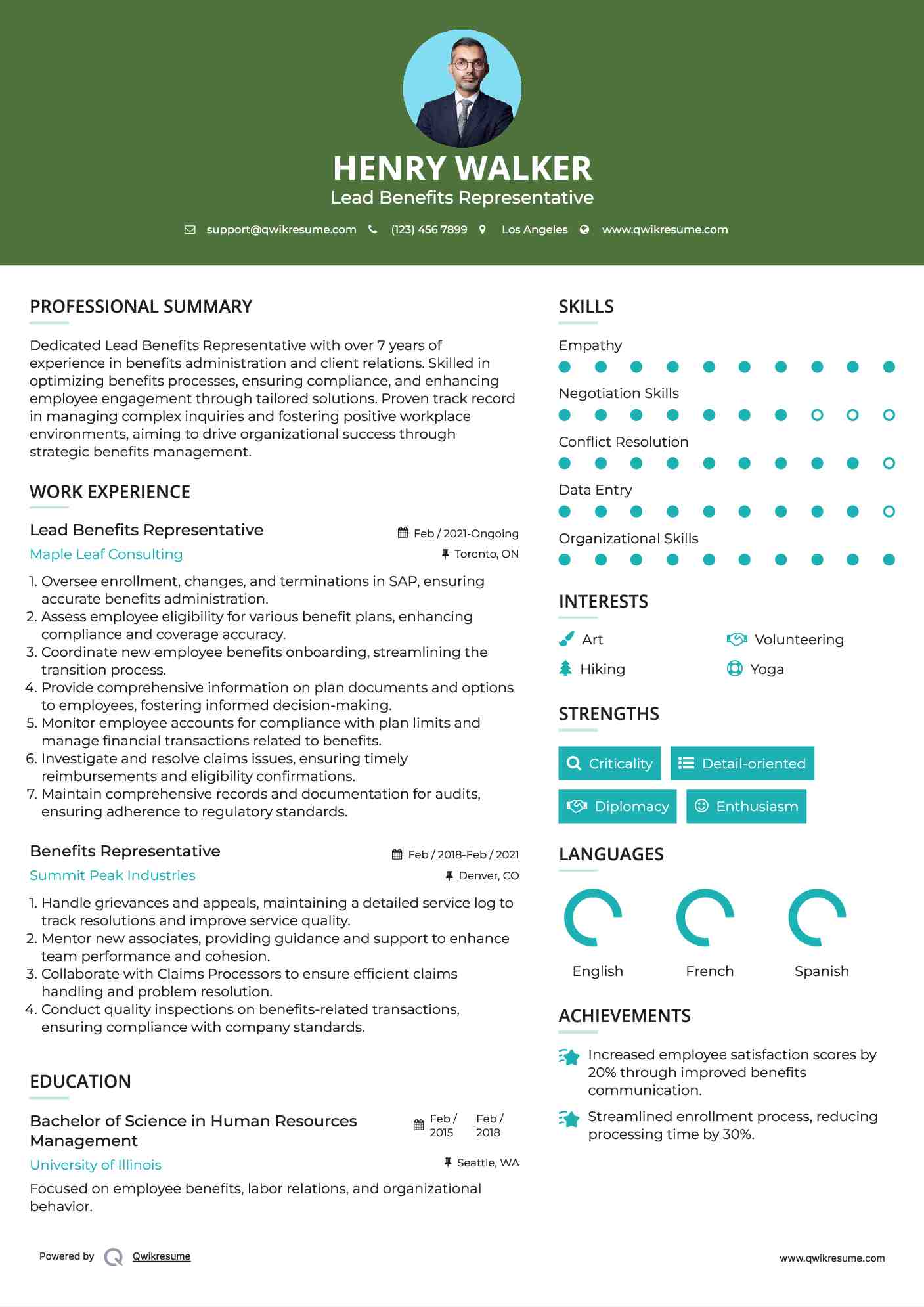 Lead Benefits Representative Resume Sample