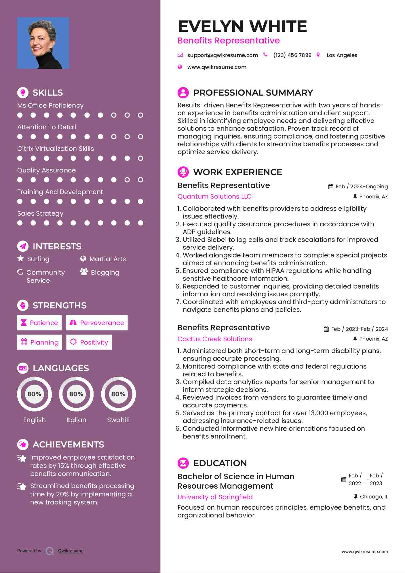 Benefits Representative Resume Sample