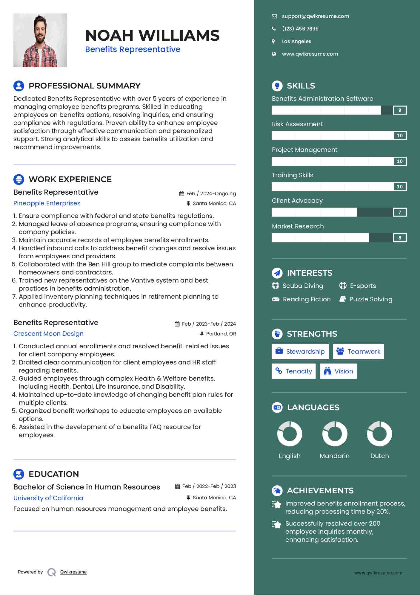 Benefits Representative Resume Example