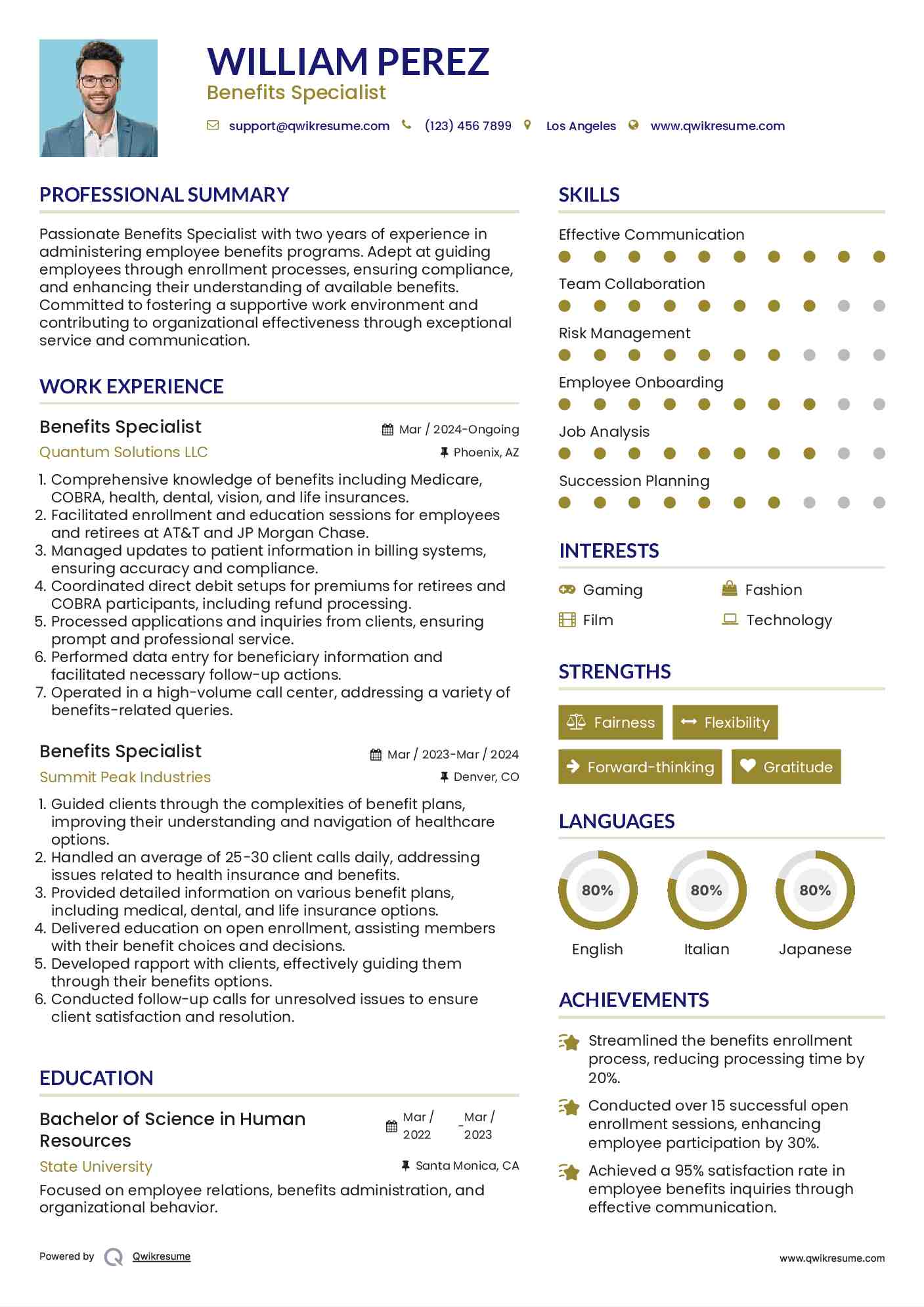 Benefits Specialist Resume Sample