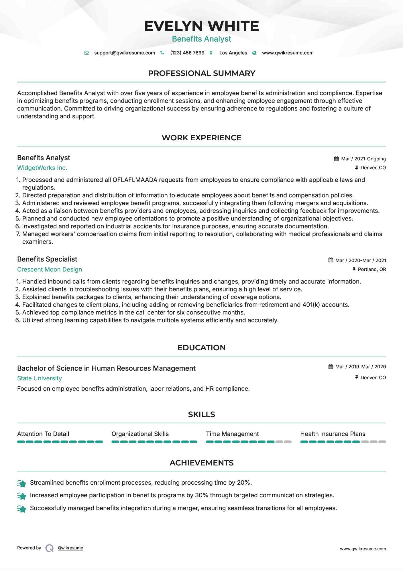 Benefits Analyst Resume Sample