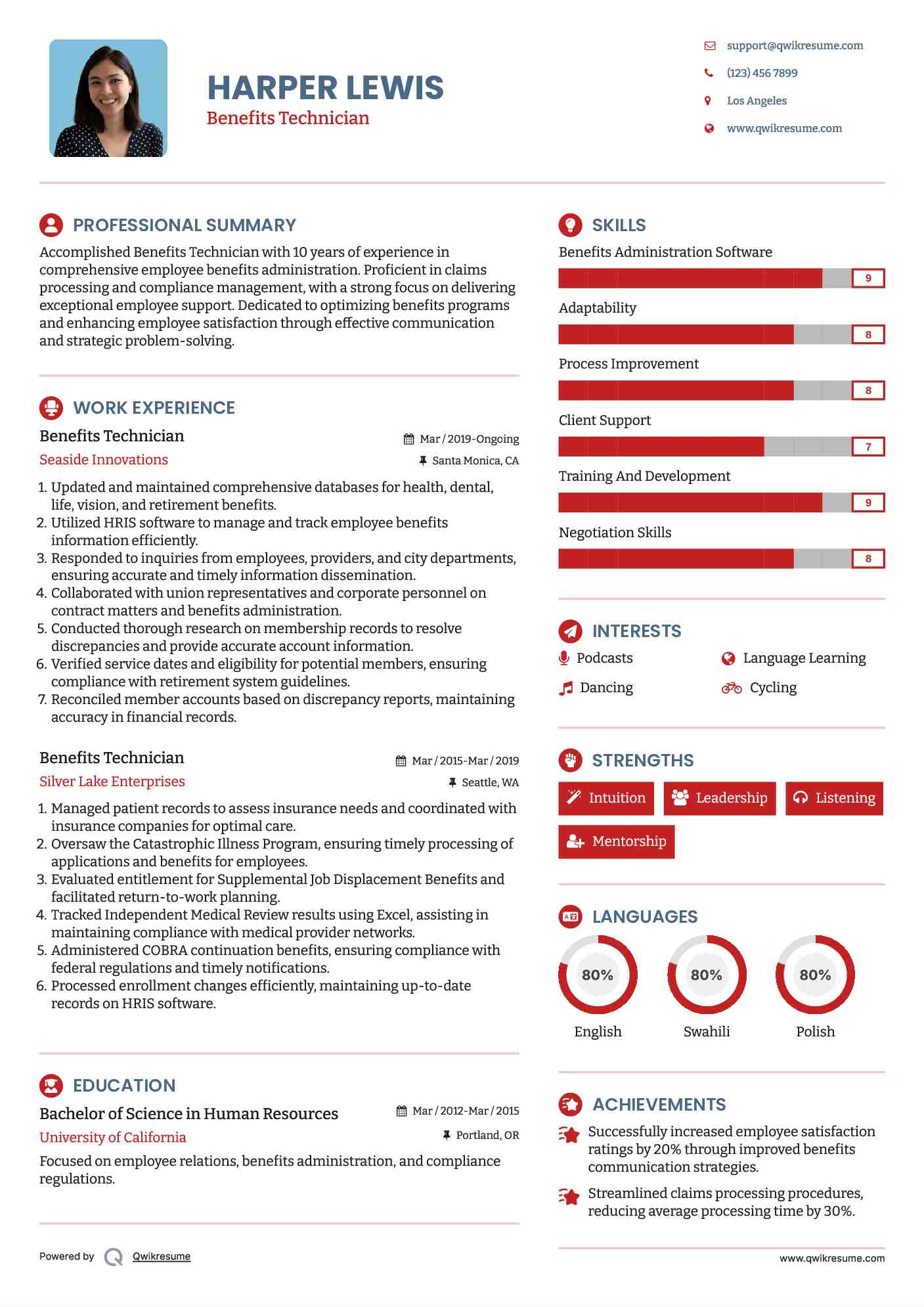 Benefits Technician Resume Example