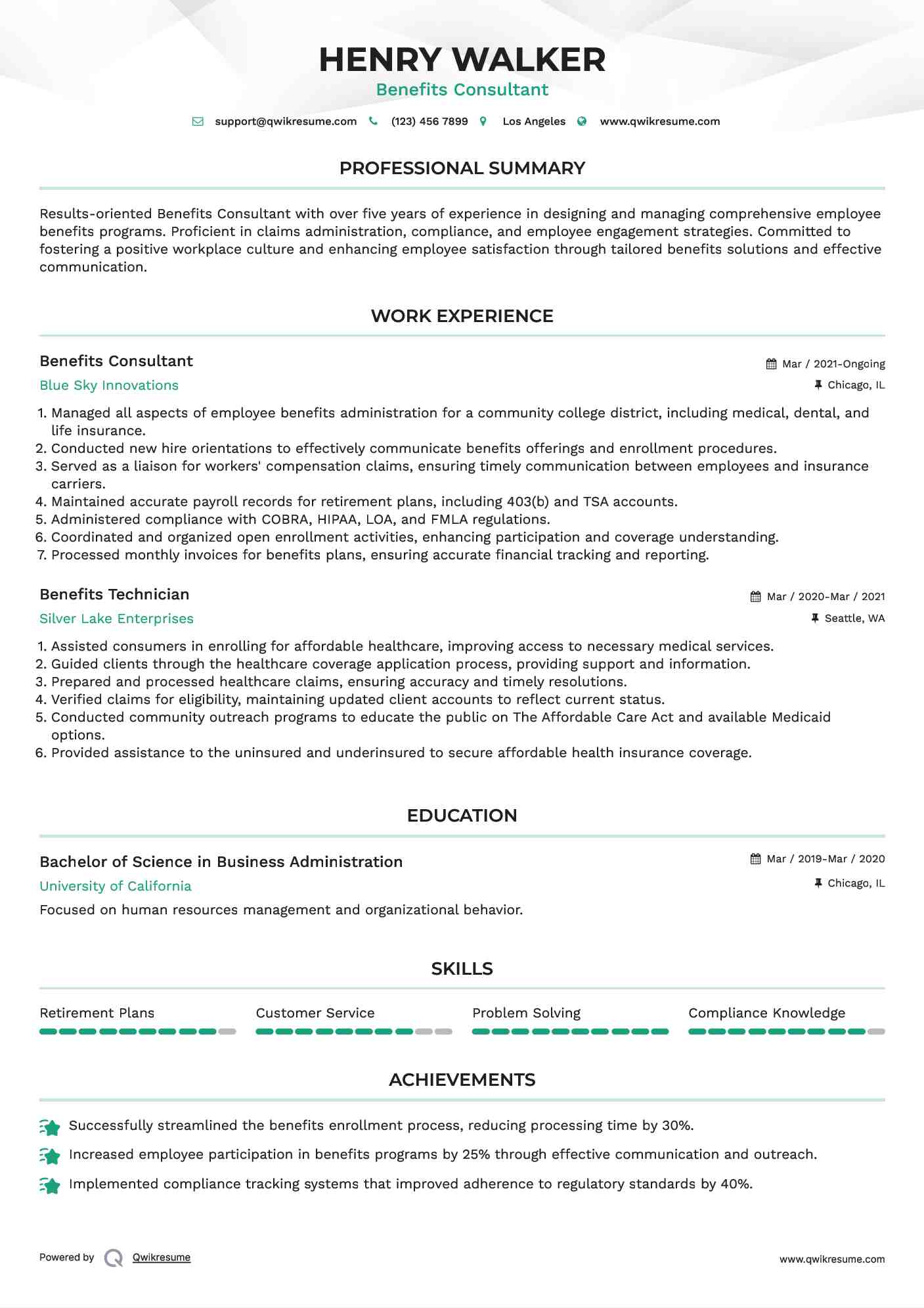 Benefits Consultant Resume Template