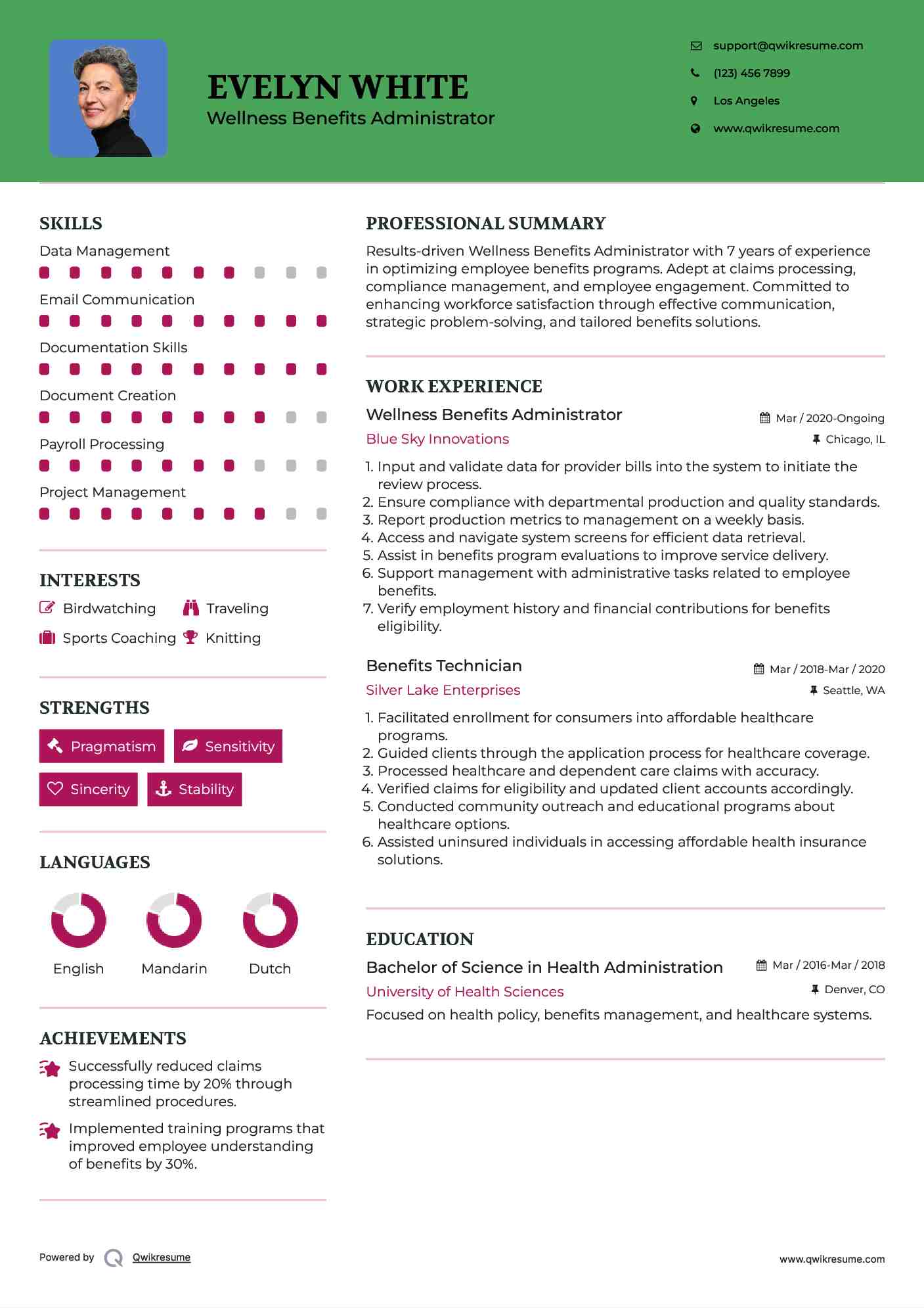 Wellness Benefits Administrator Resume Template