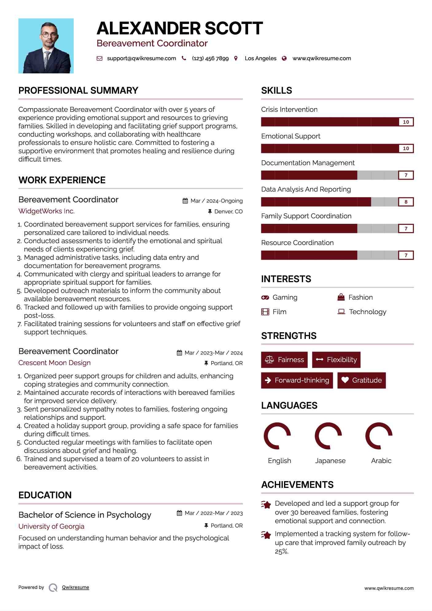 Bereavement Coordinator Resume Model