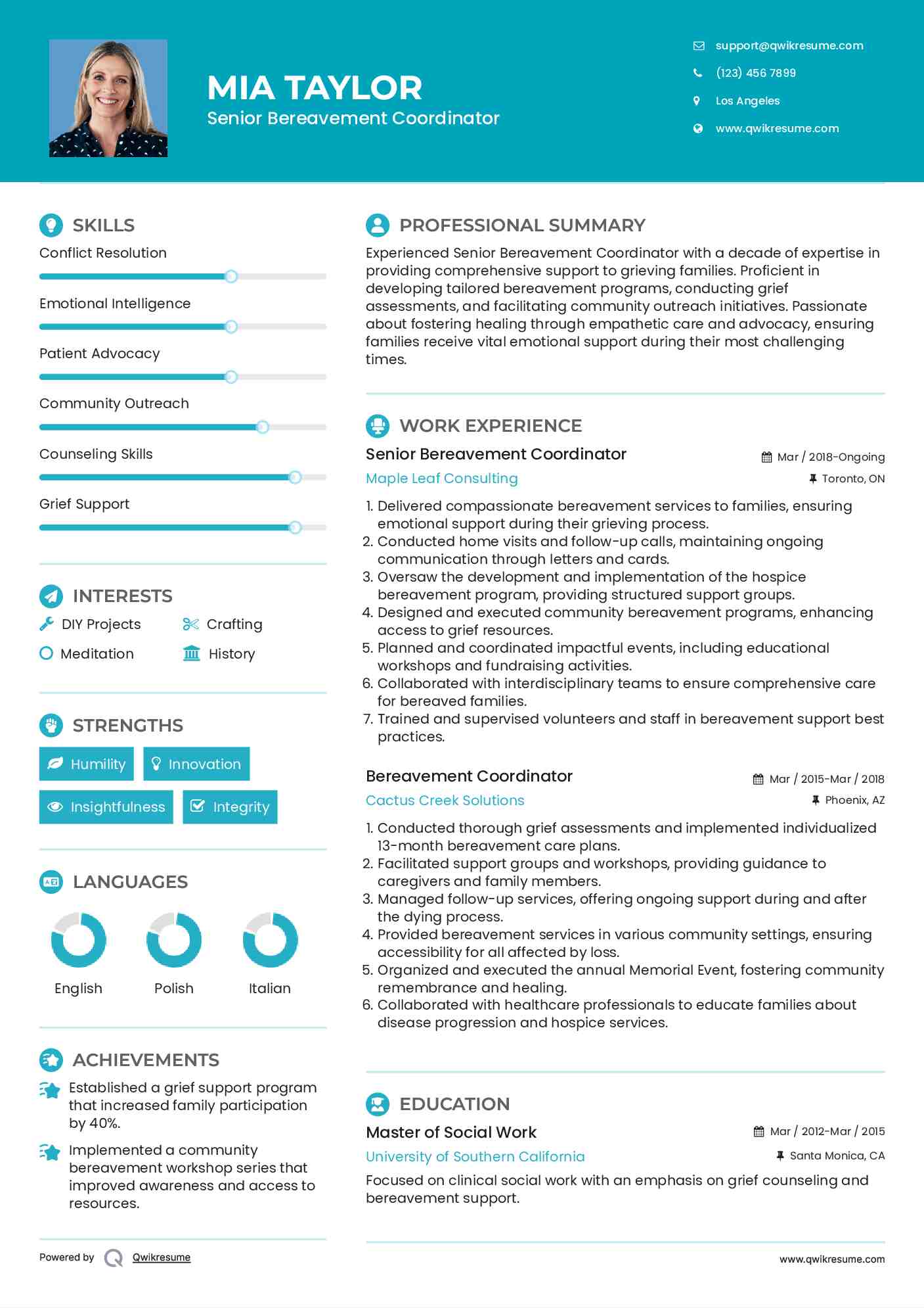 Senior Bereavement Coordinator Resume Model