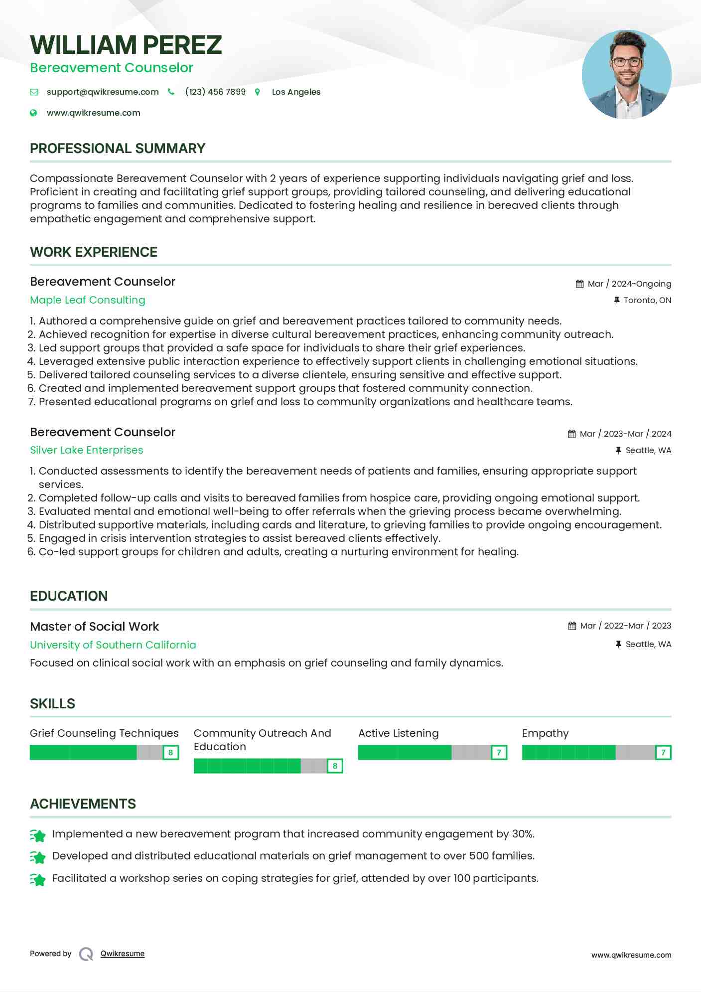 Bereavement Counselor Resume Example