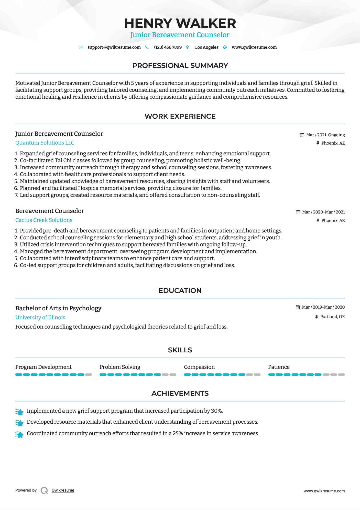 Junior Bereavement Counselor Resume Example