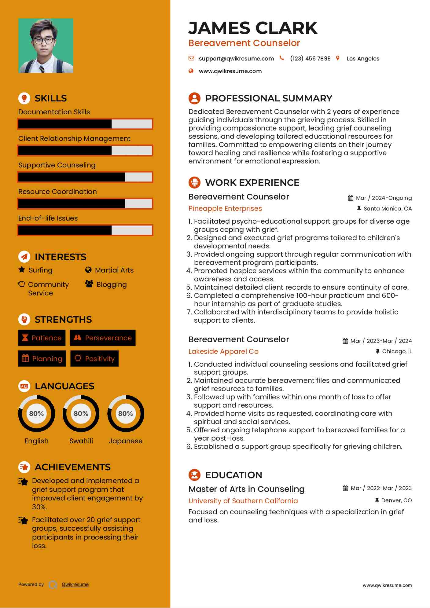 Bereavement Counselor Resume Model