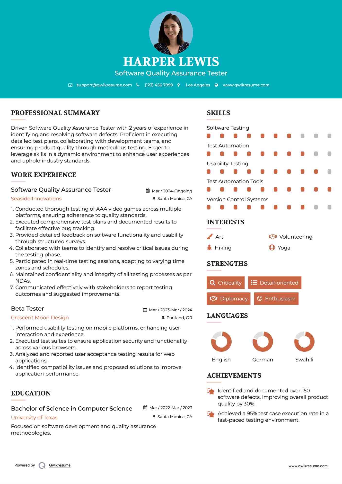 Software Quality Assurance Tester Resume Sample