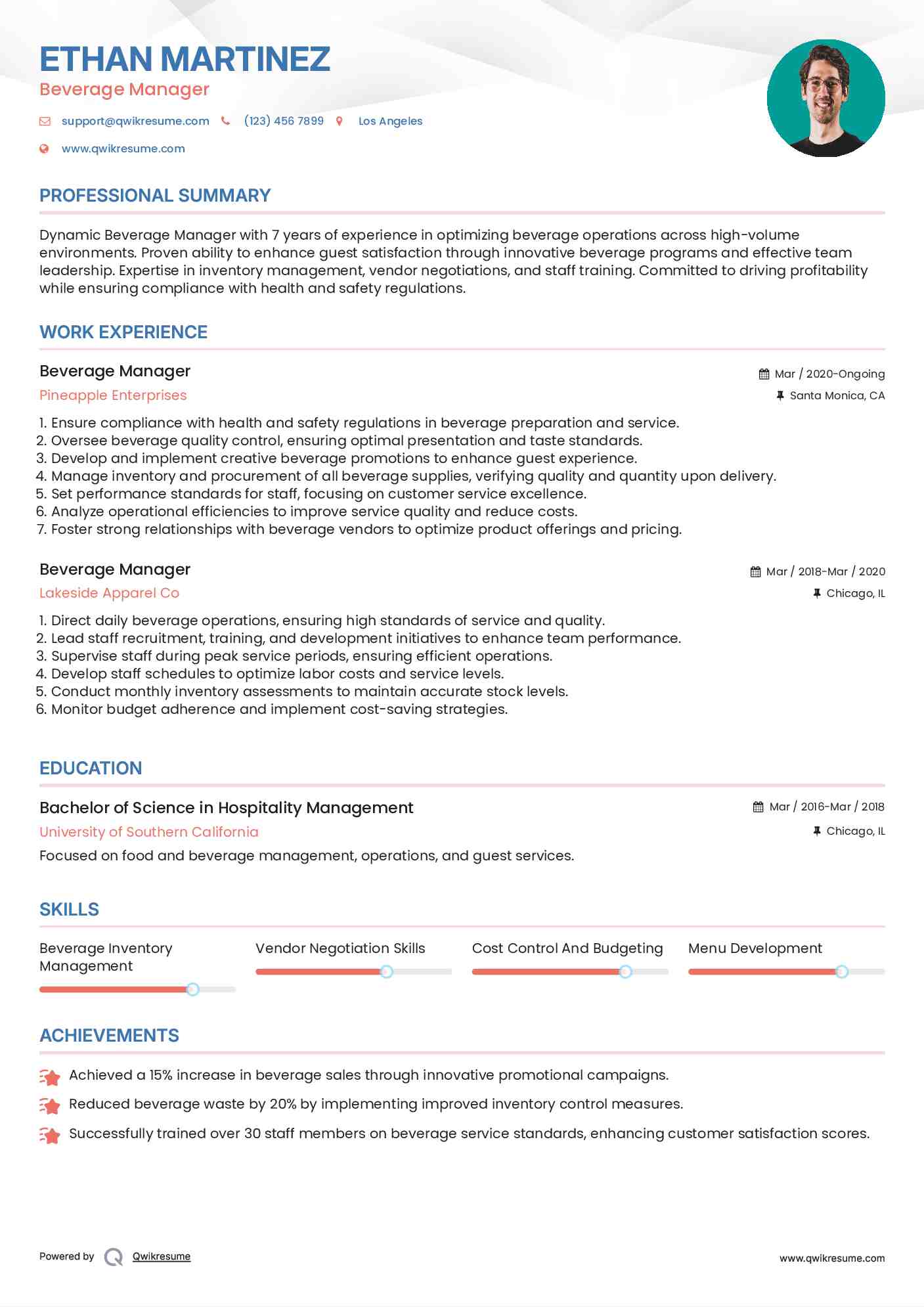 Beverage Manager Resume Template