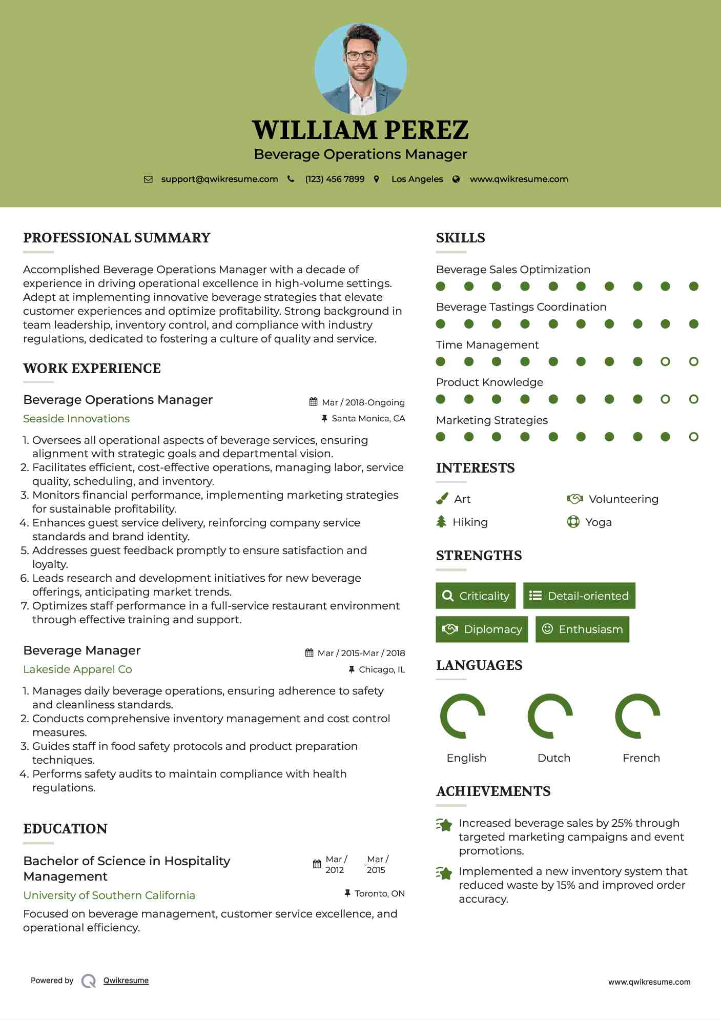 Beverage Operations Manager Resume Template