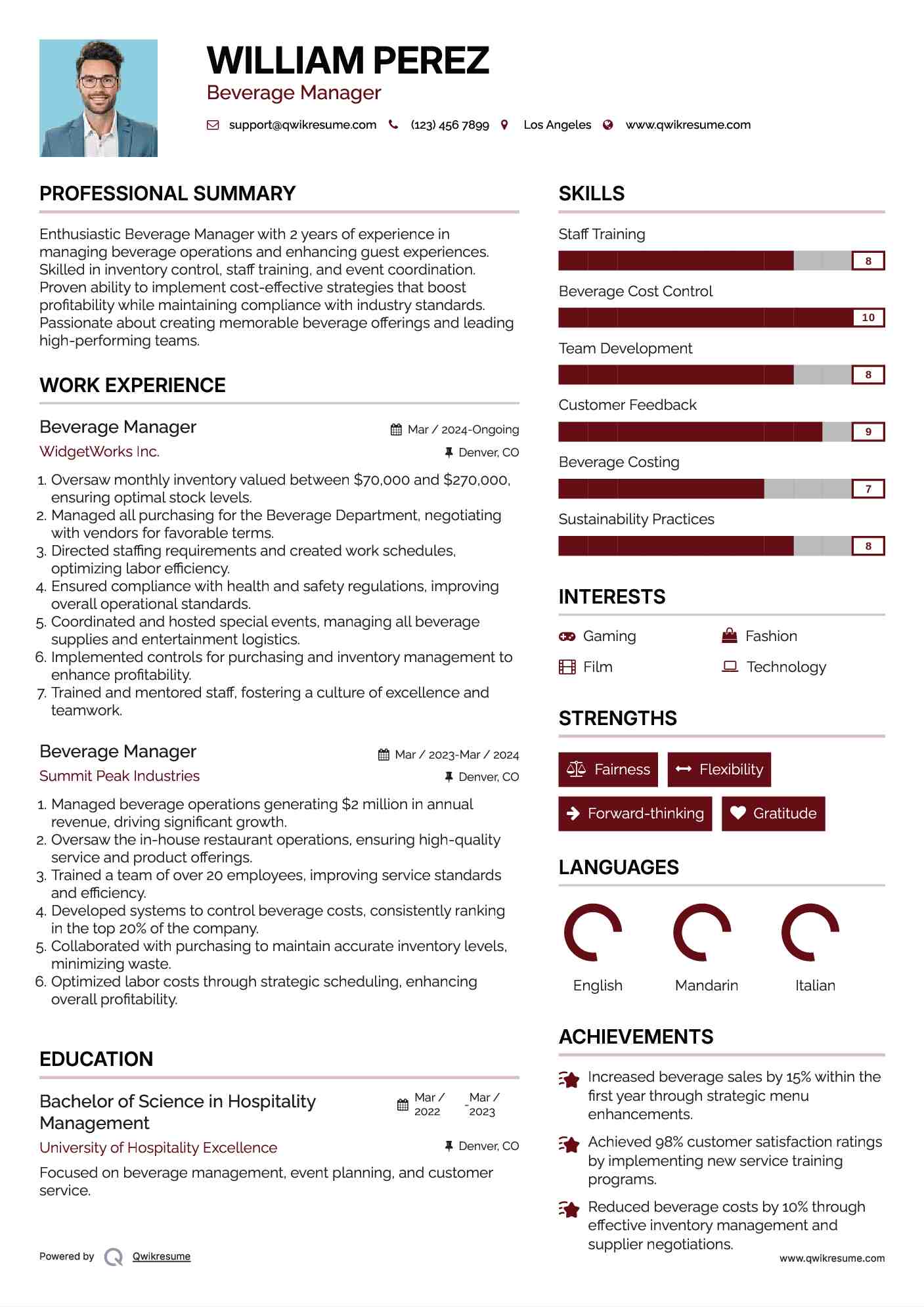 Beverage Manager Resume Sample